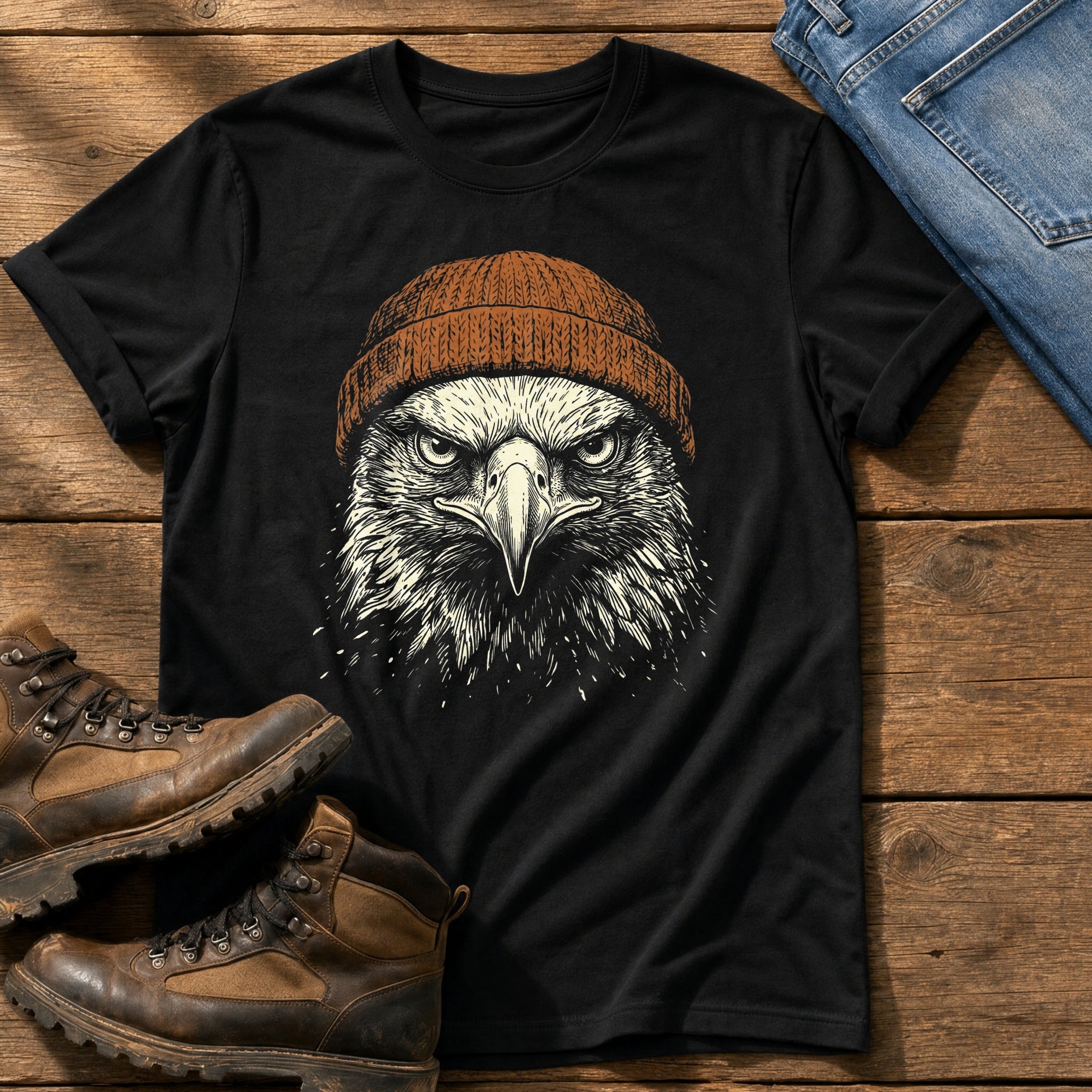 Eagle Beanie 55 — Black Comfort Colors tee