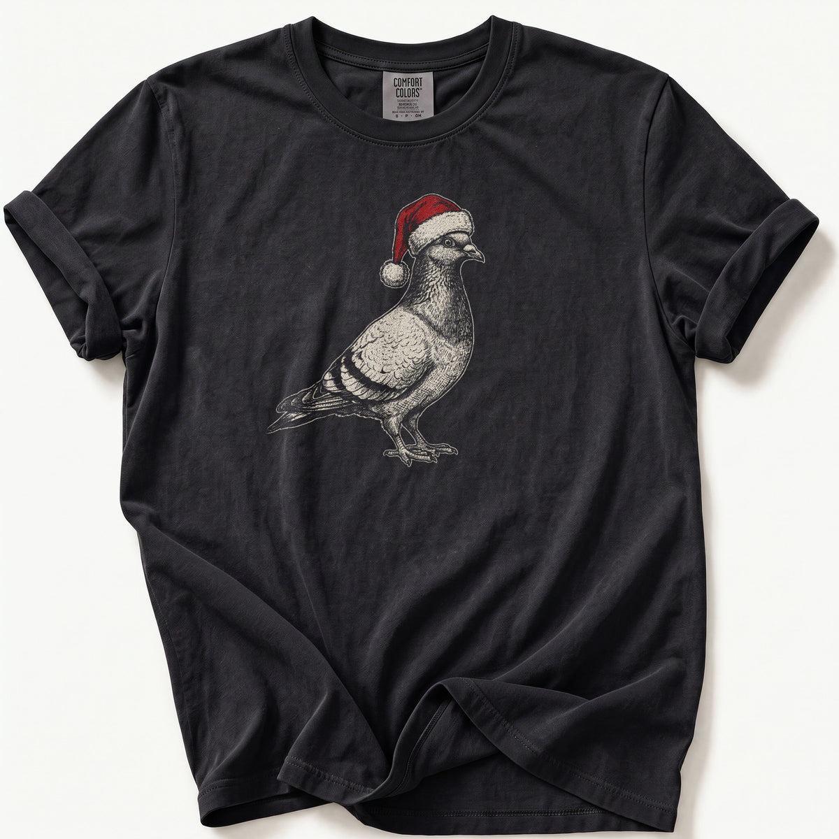 Etched Santa Pigeon Standing — Black Comfort Colors tee