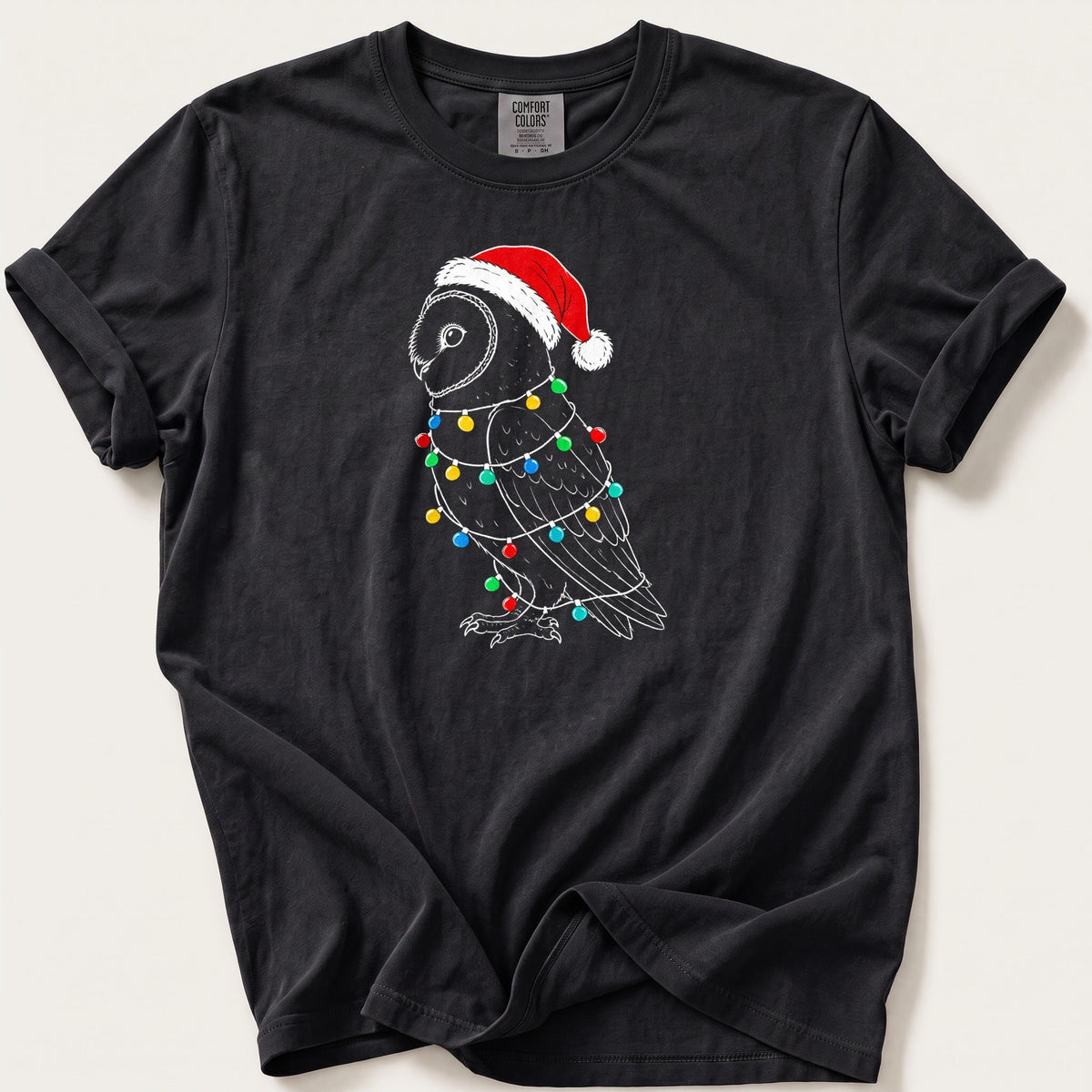 Fairy Light Barn Owl Outline — Black Comfort Colors tee