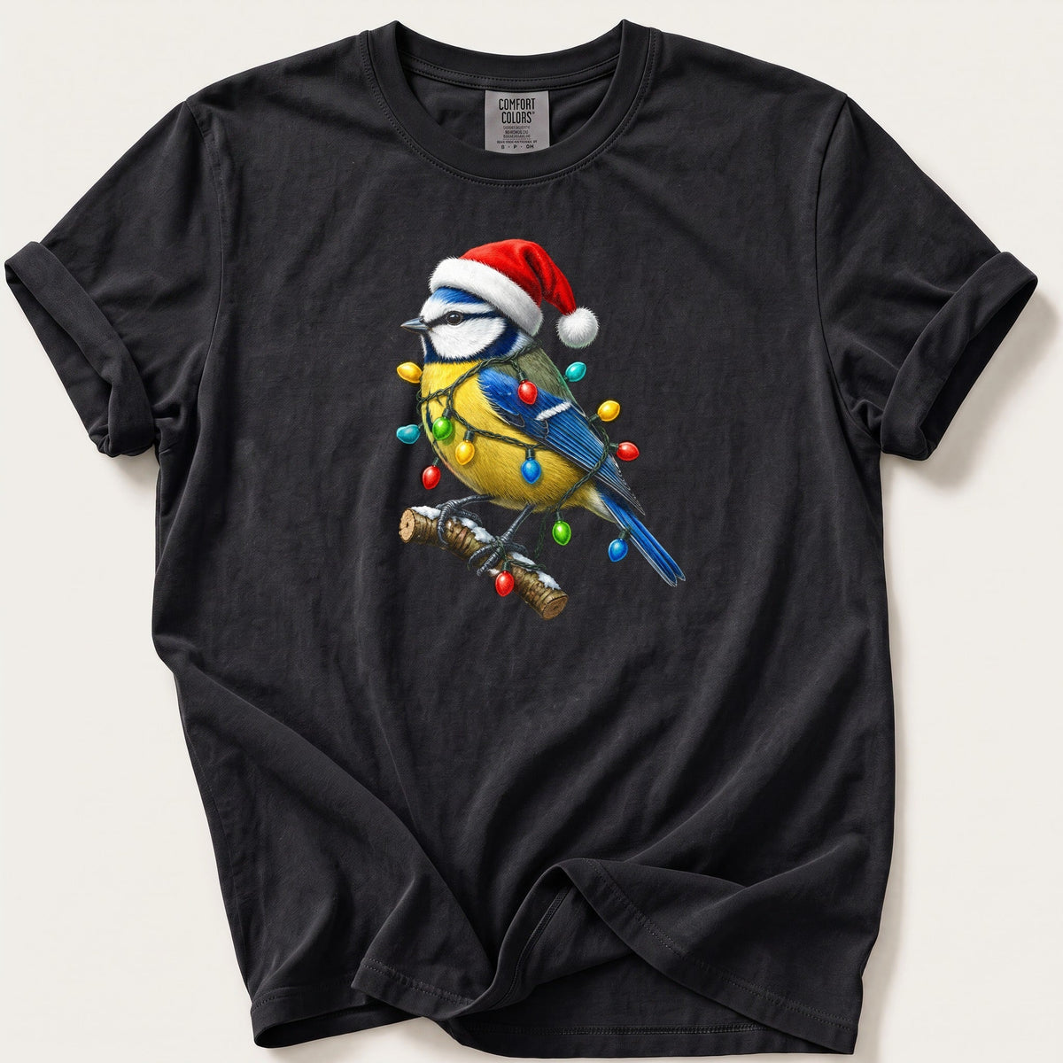 Fairy Light Blue Tit — Black Comfort Colors tee