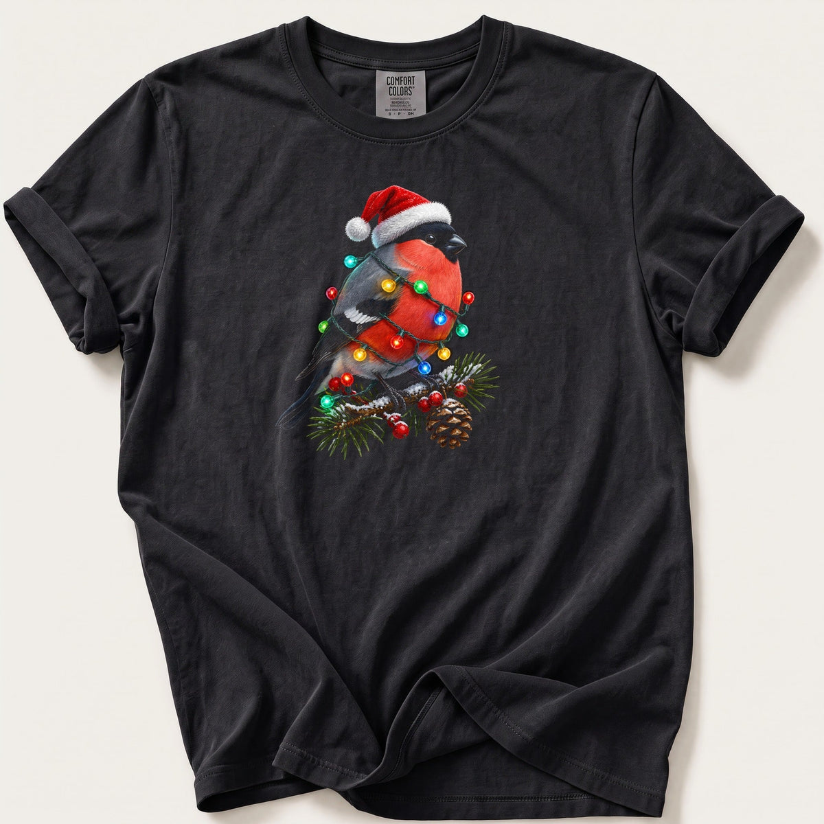 Fairy Light Bullfinch — Black Comfort Colors tee