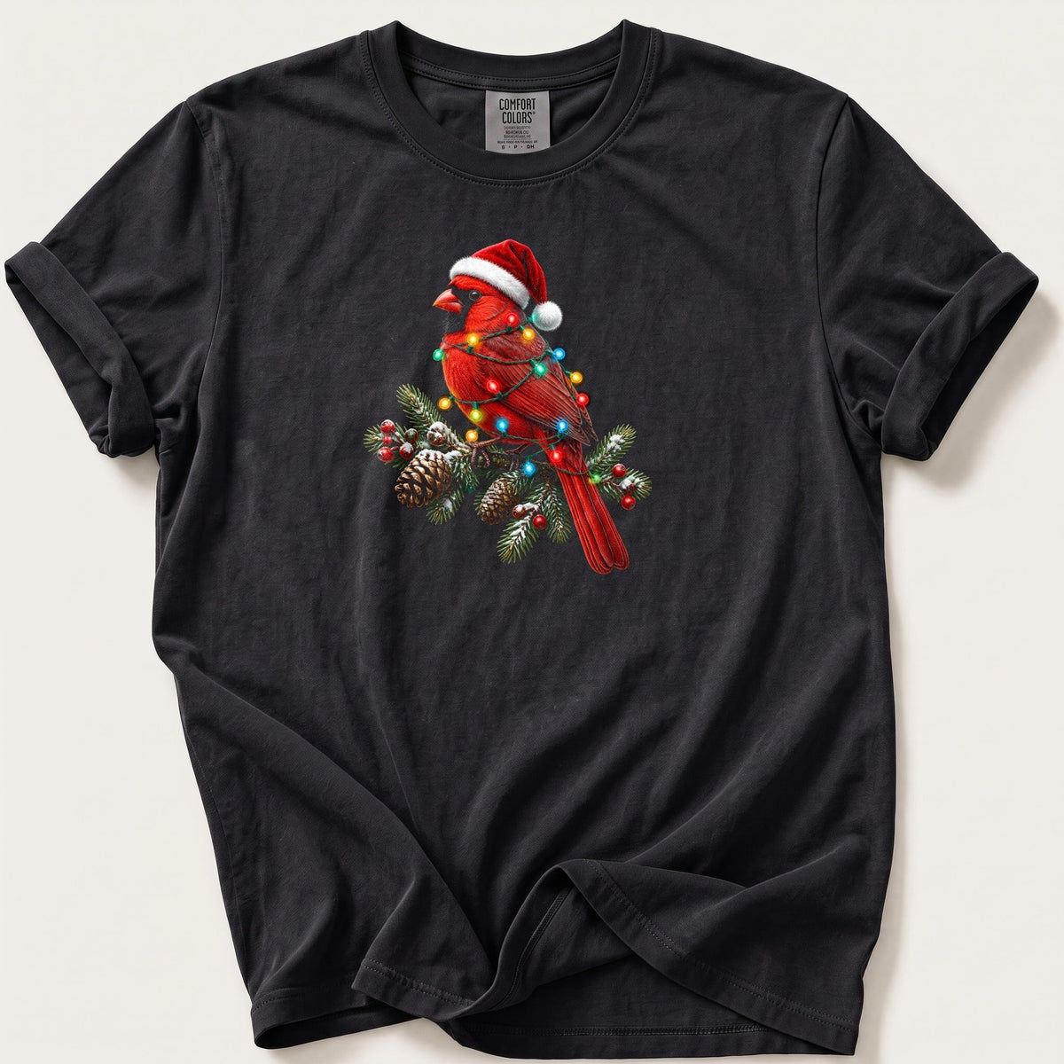 Fairy Light Cardinal — Black Comfort Colors tee