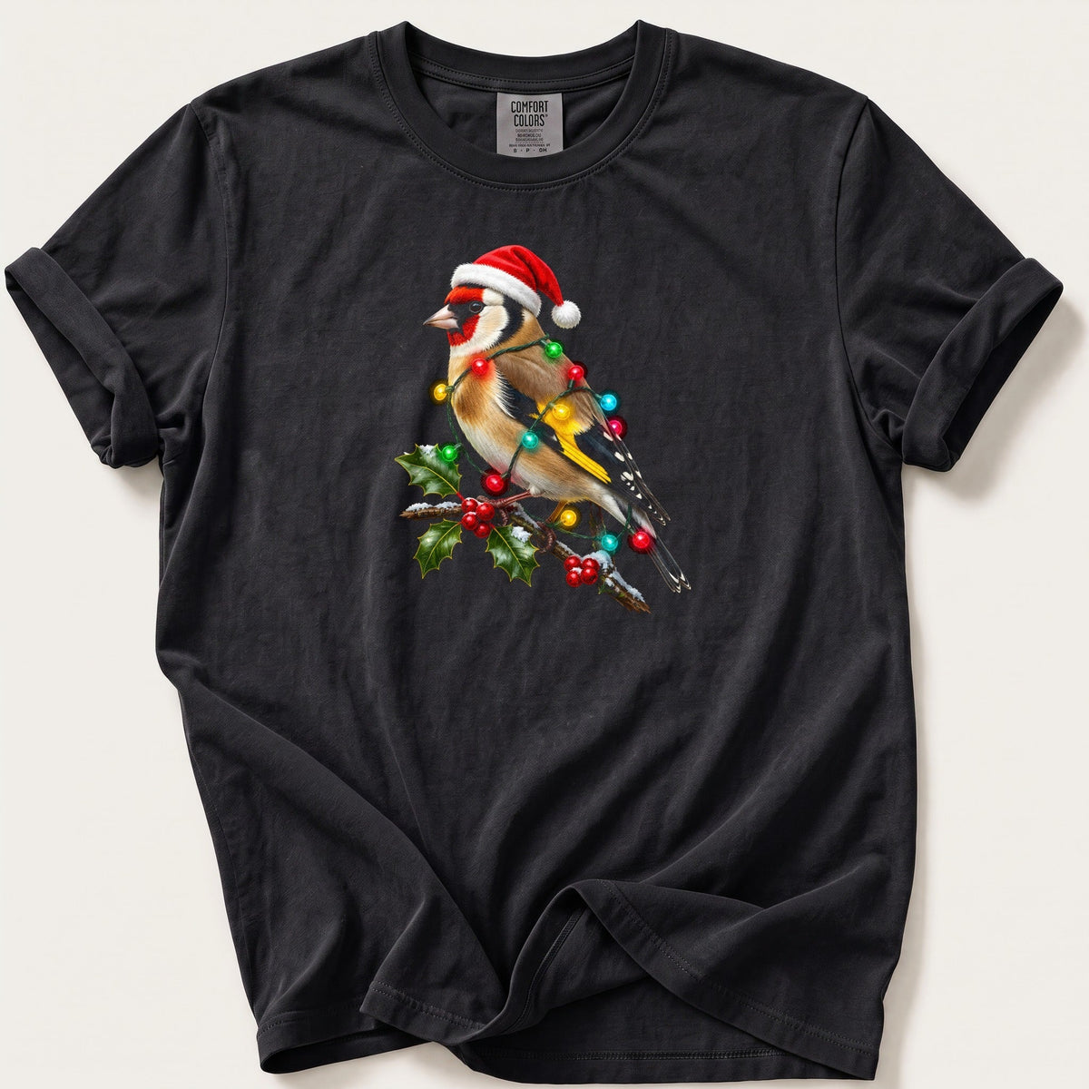 Fairy Light Goldfinch — Black Comfort Colors tee