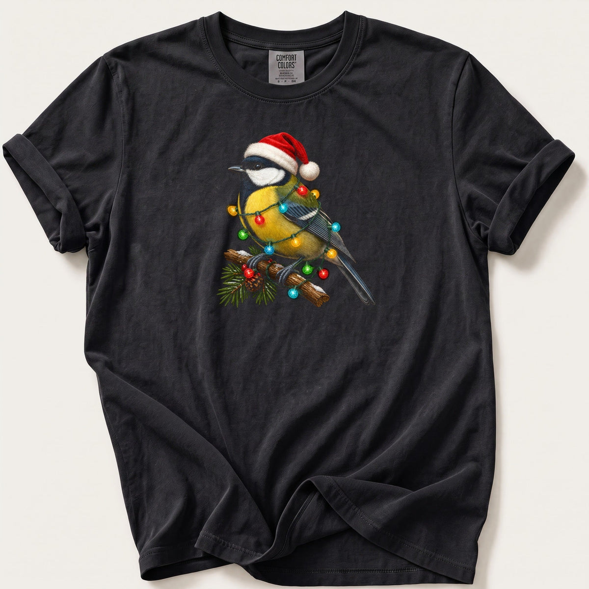 Fairy Light Great Tit — Black Comfort Colors tee