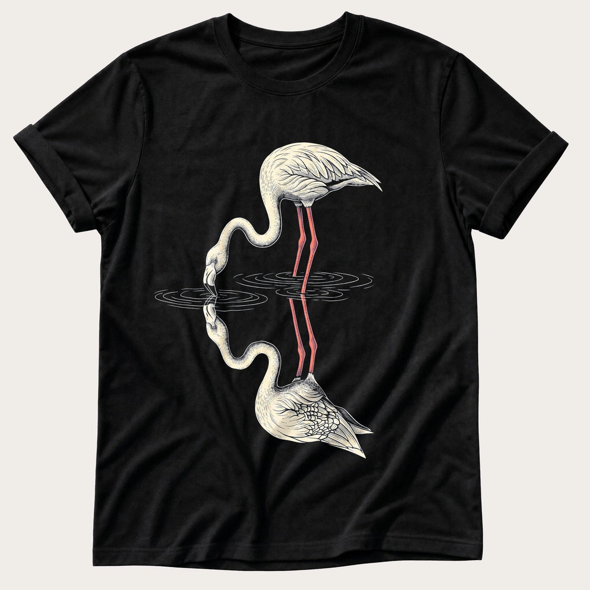 Flamingo Reflections — Black Comfort Colors tee