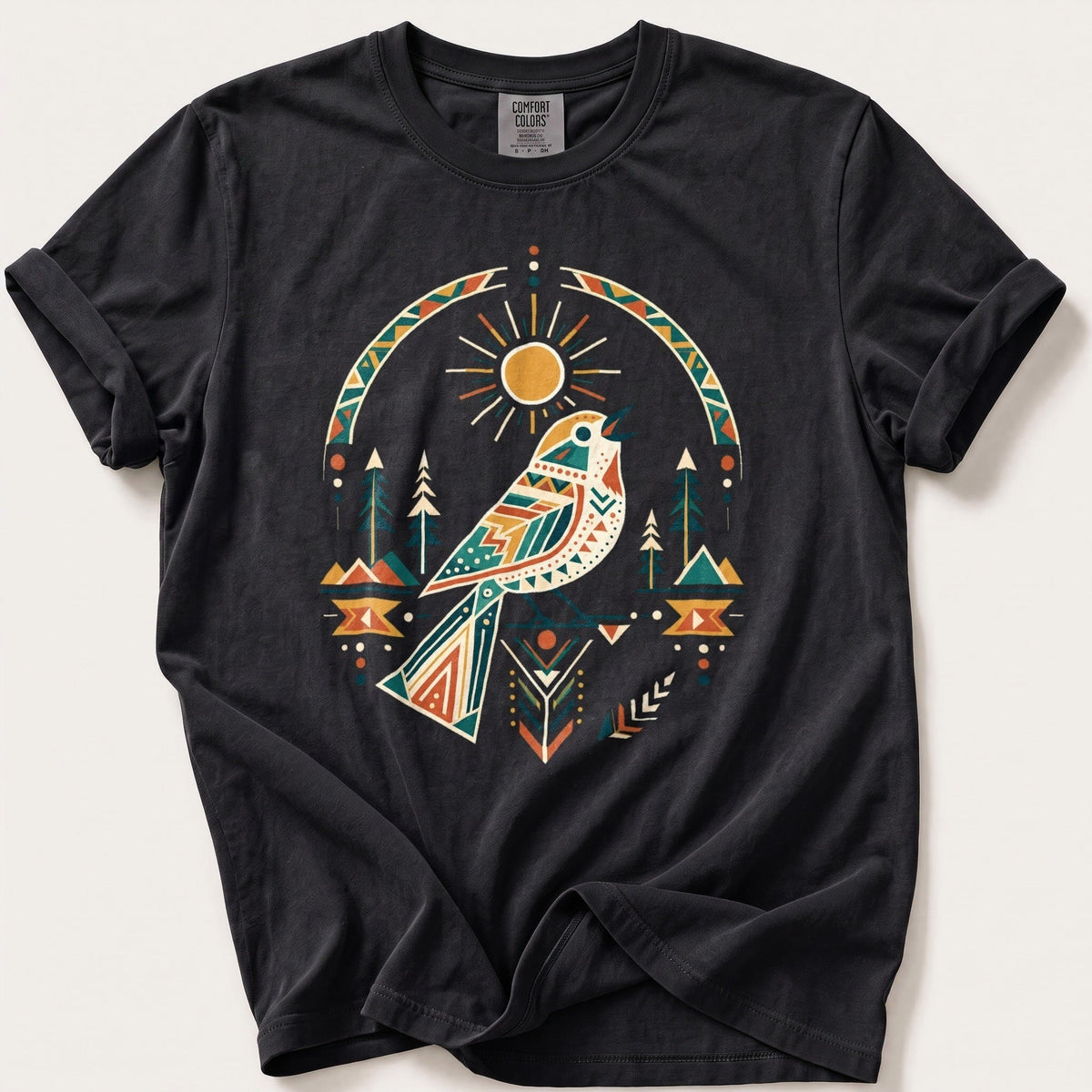 Geometric Sun Songbird — Black Comfort Colors tee