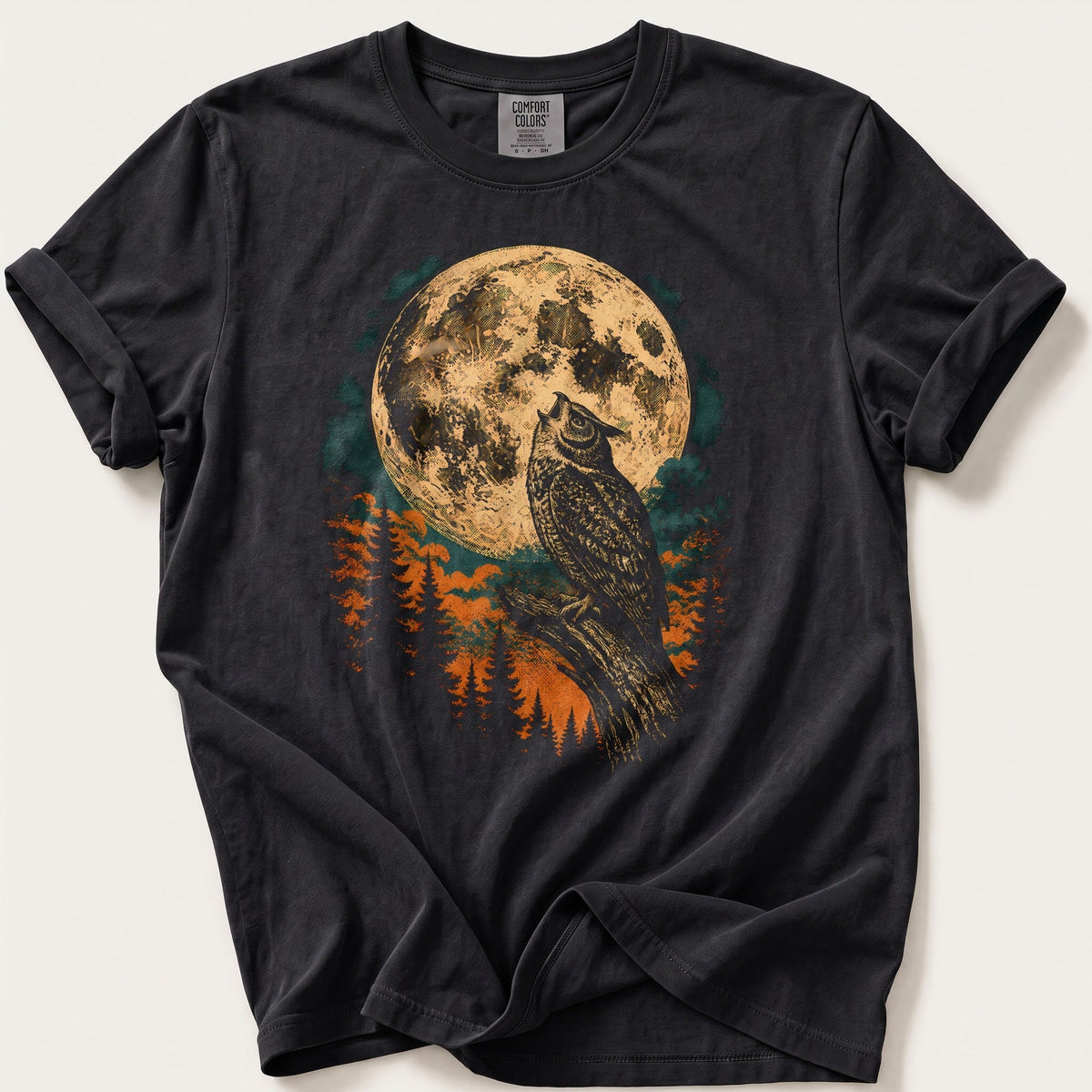 Harvest Moon Owl — Black Comfort Colors tee