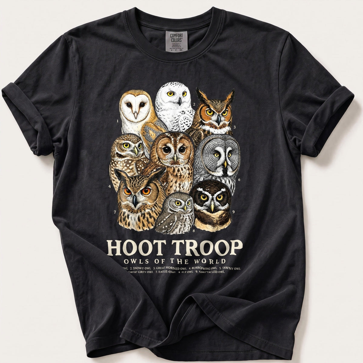 Hoot Troop — Black Comfort Colors tee
