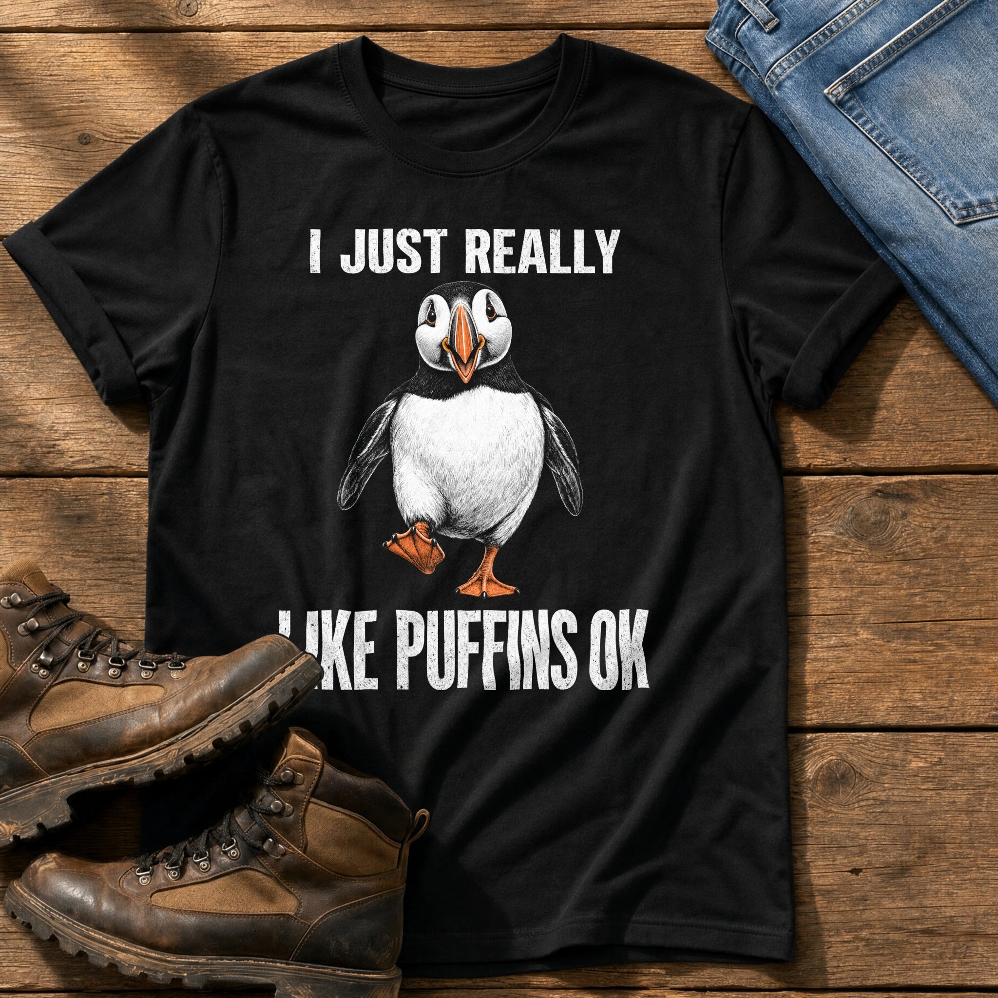 I Just Like Puffins — Black Comfort Colors tee