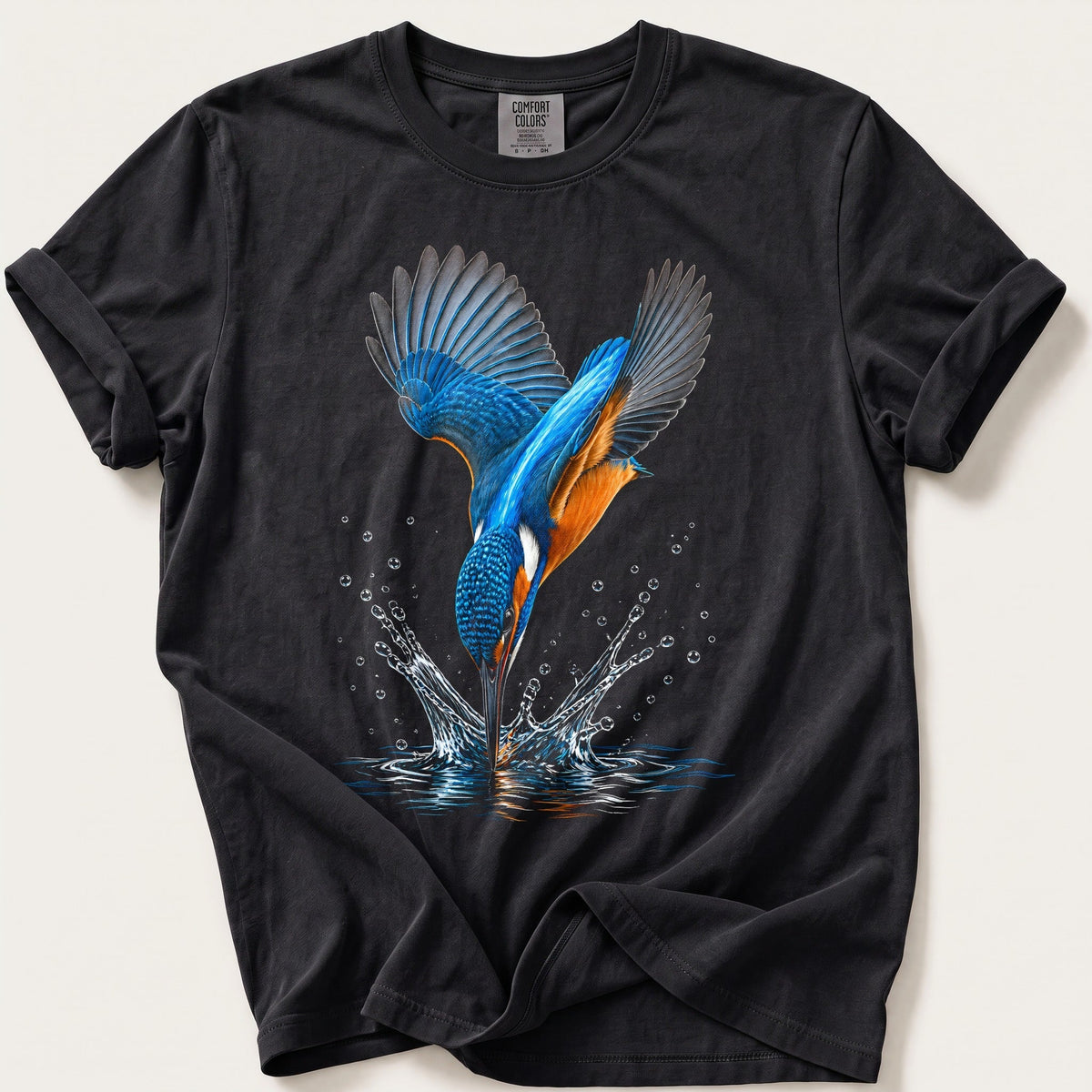 Kingfisher Splashdown — Black Comfort Colors tee