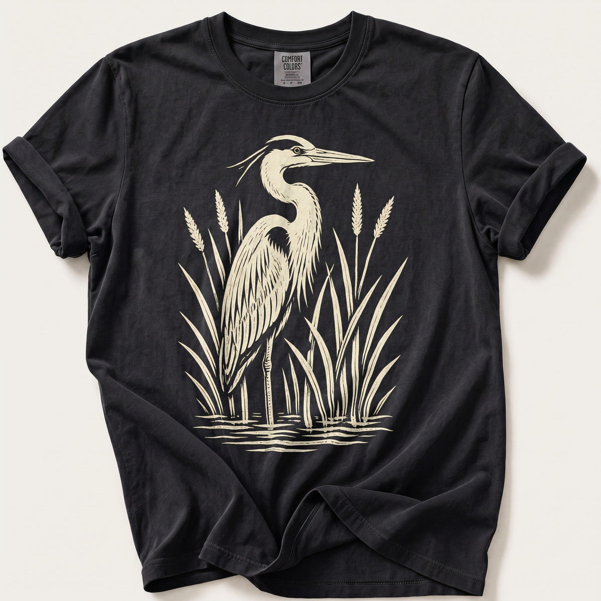 Linocut Heron — Black Comfort Colors tee