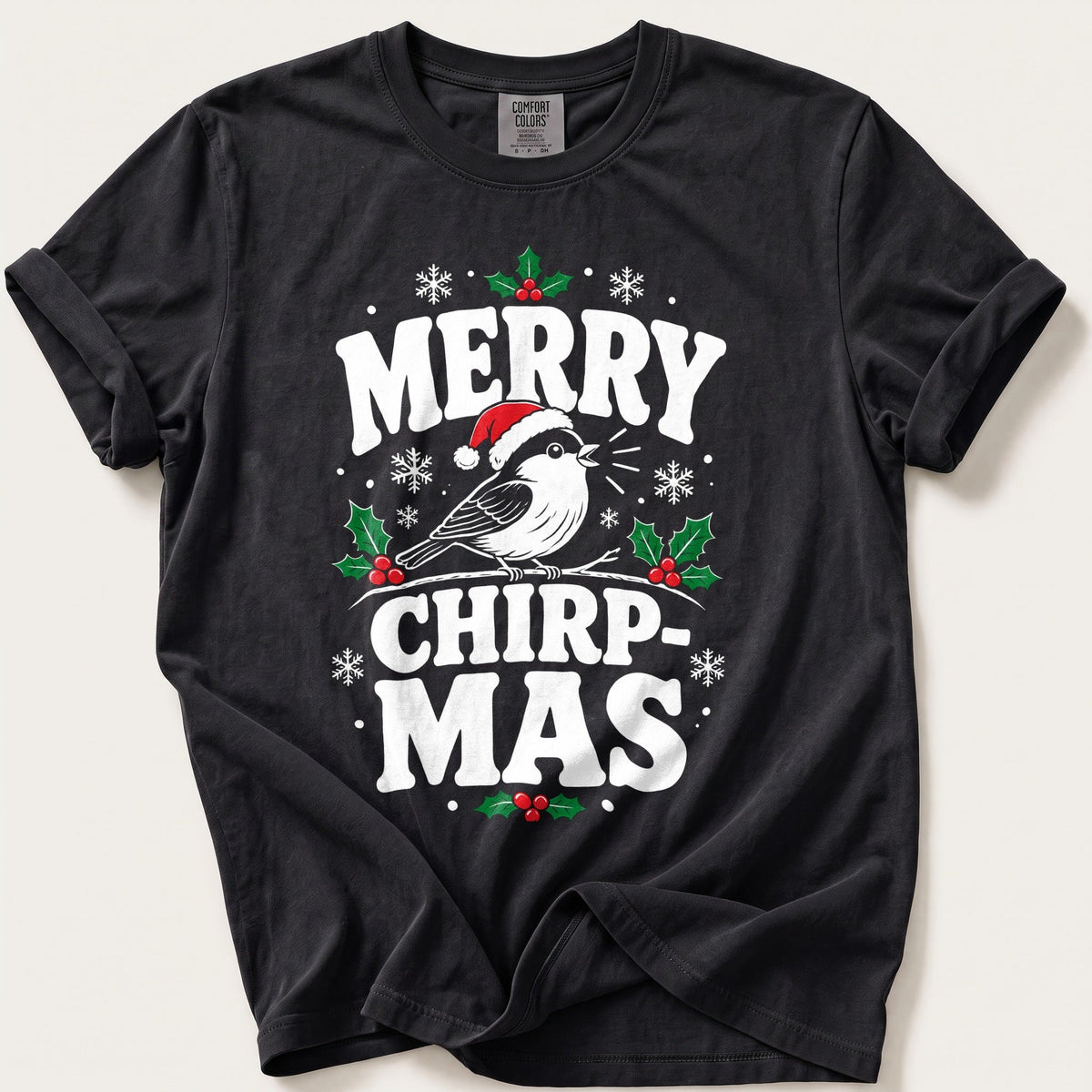 Merry Chirpmas — Black Comfort Colors tee