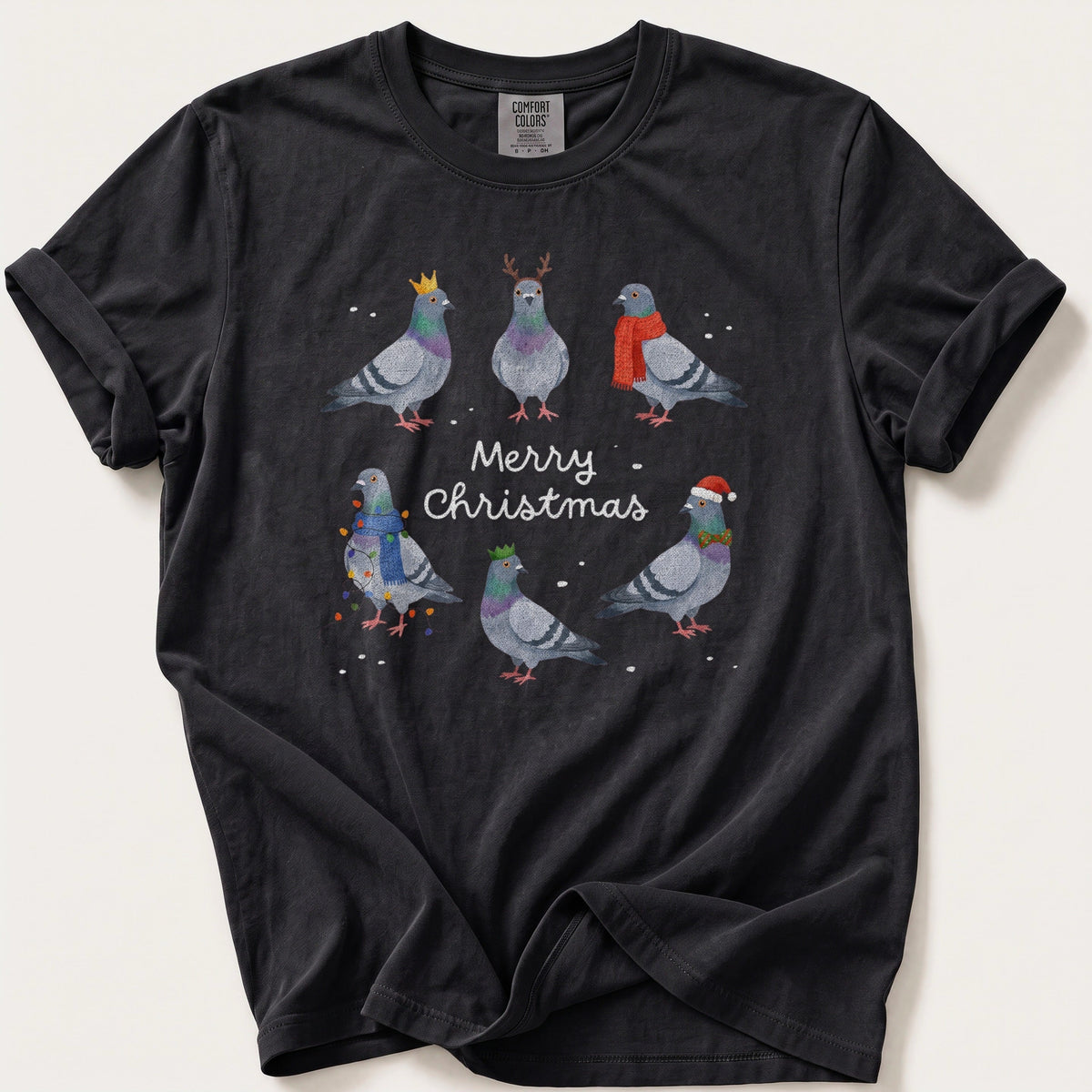 Merry Christmas Pigeons — Black Comfort Colors tee