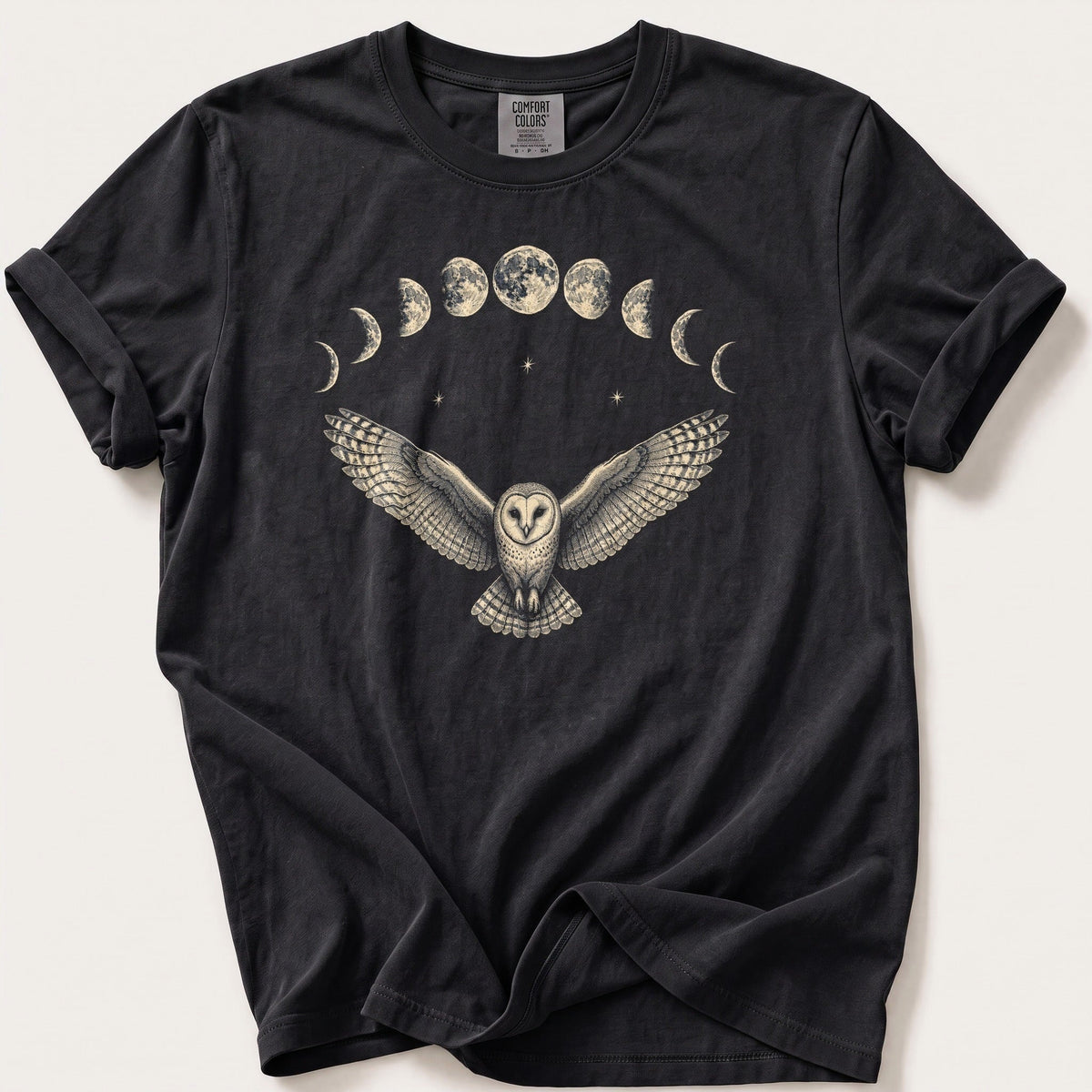 Moon Phase Barn Owl — Black Comfort Colors tee