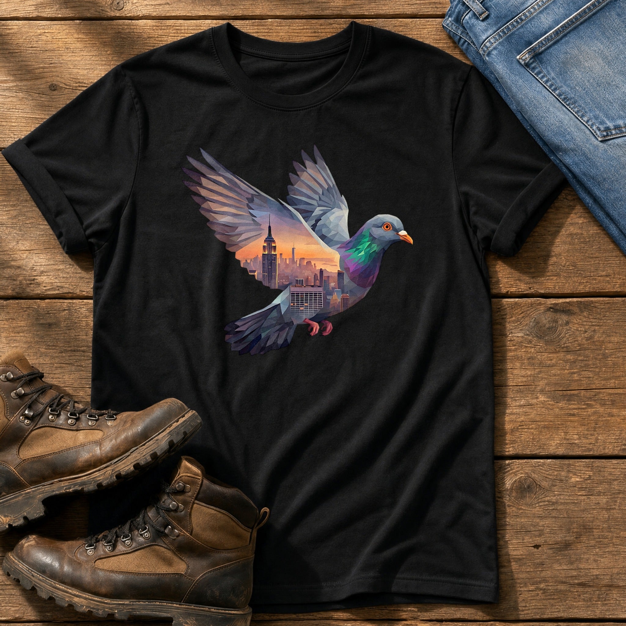 Pigeon Skyline — Black Comfort Colors tee