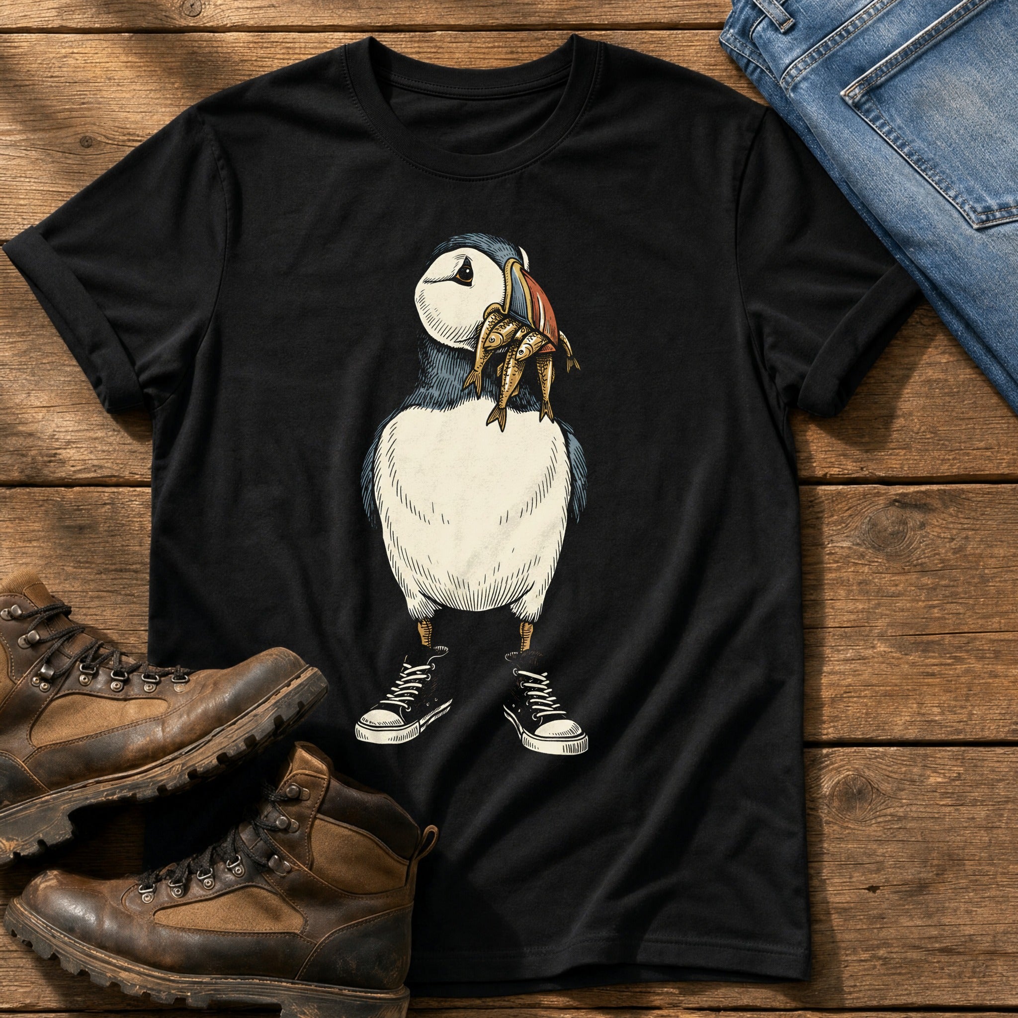 Puffin And Fish 98 — Black Comfort Colors tee
