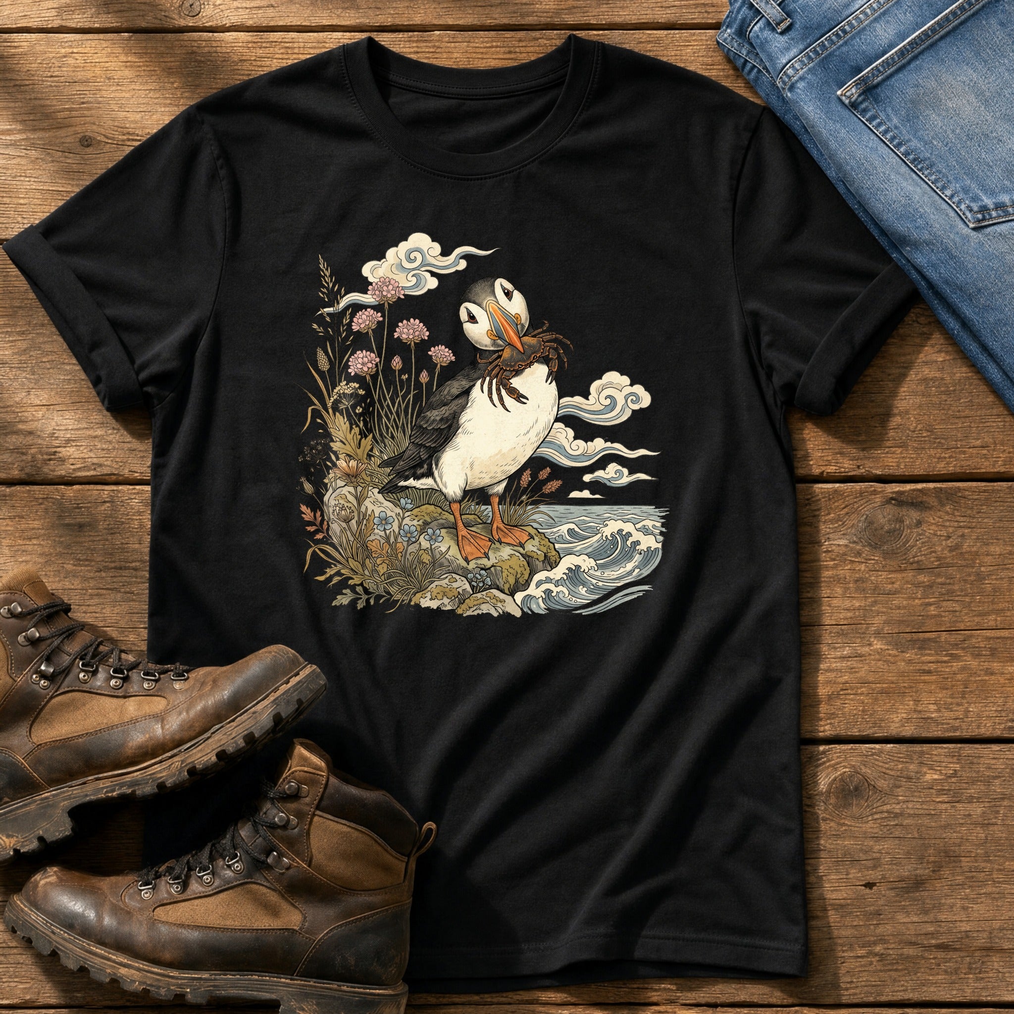 Puffin With Crab 4 — Black Comfort Colors tee