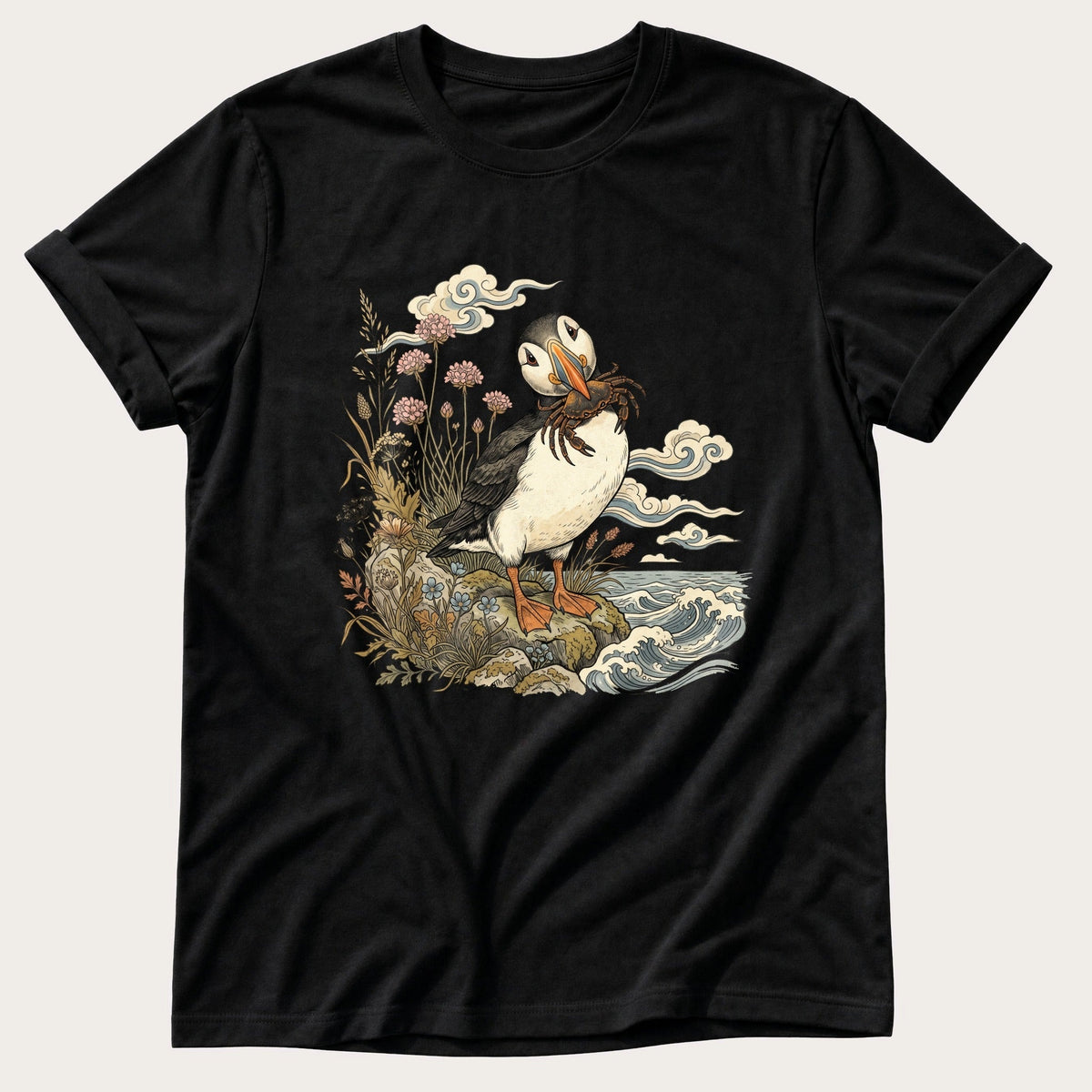 Puffin With Crab 4 — Black Comfort Colors tee