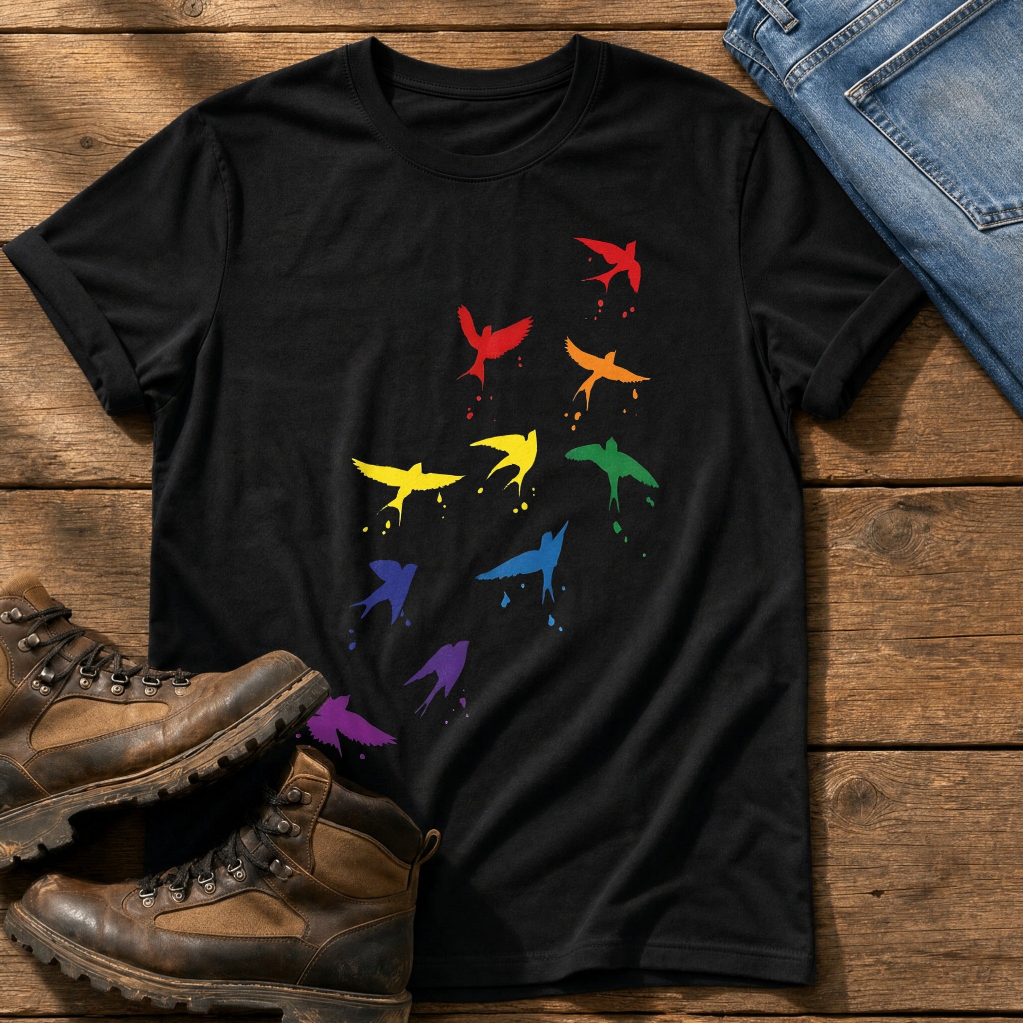 Rainbow birds — Black Comfort Colors tee