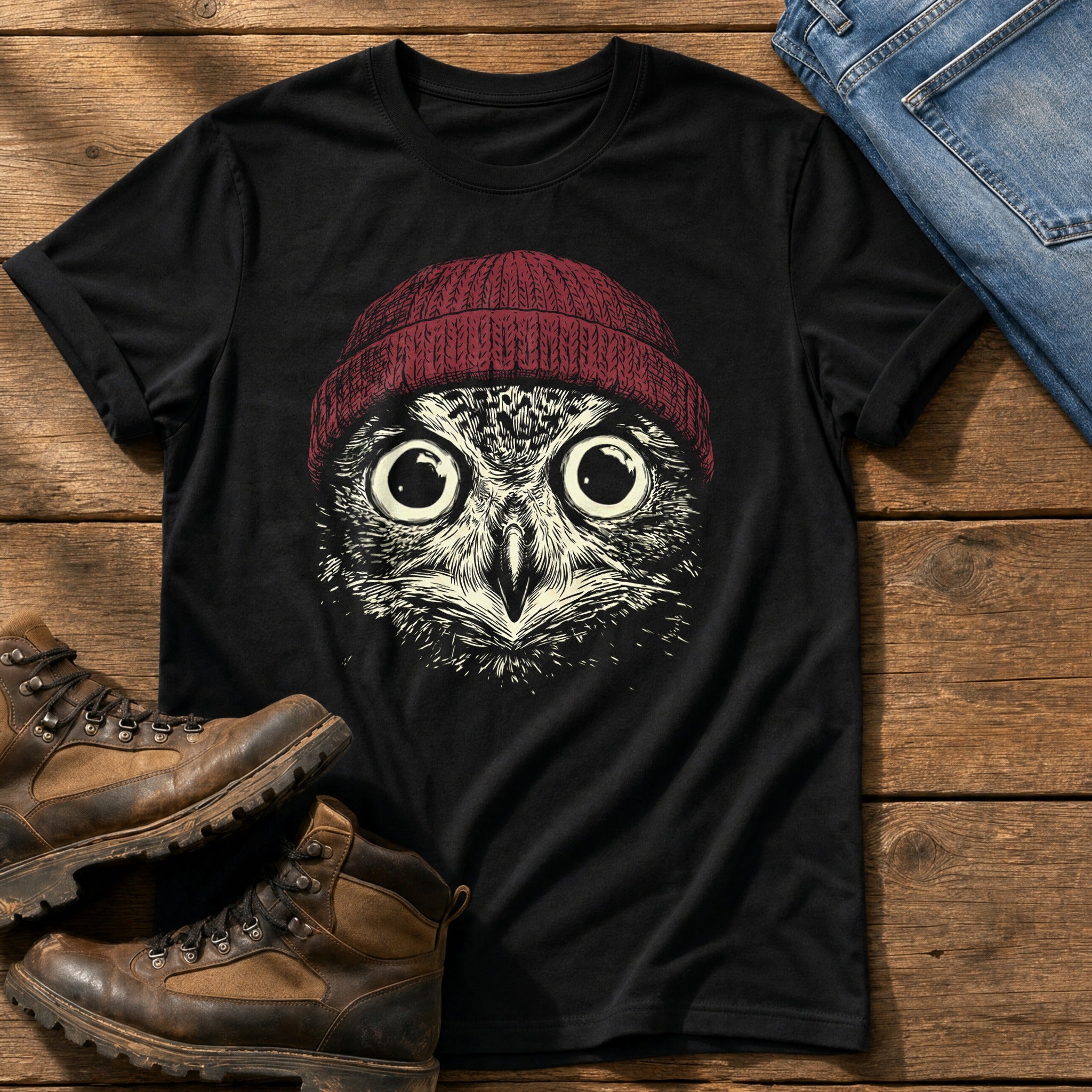 Red Beanie Owl — Black Comfort Colors tee