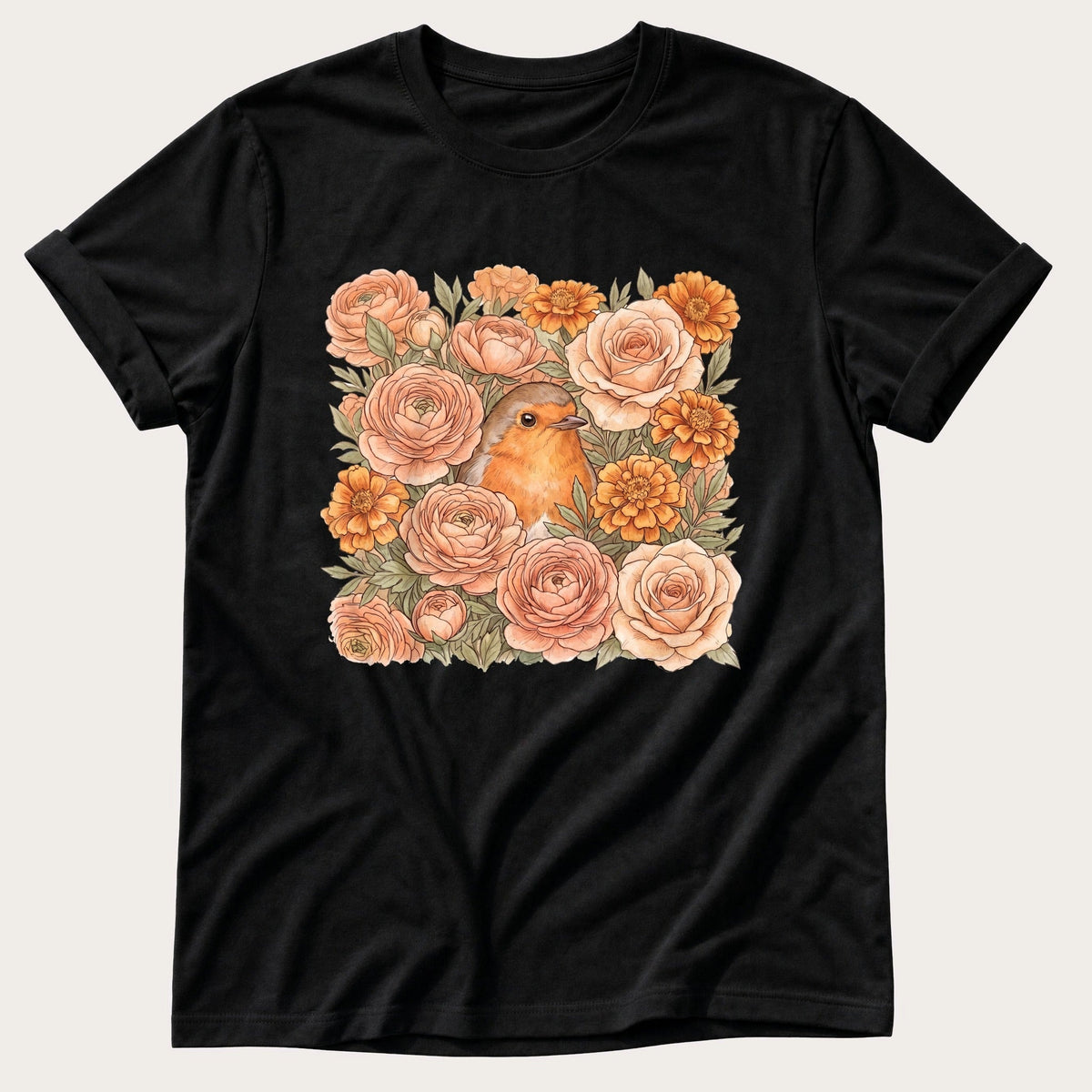 Robin Flower Bed 5 — Black Comfort Colors tee