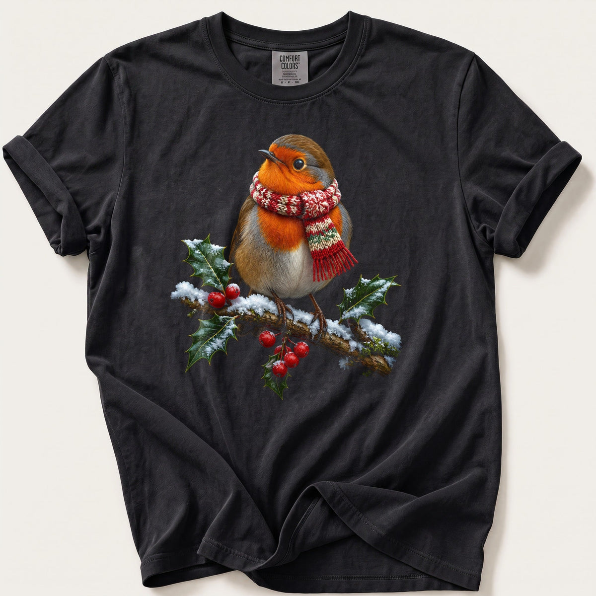 Robin In A Knitted Scarf — Black Comfort Colors tee