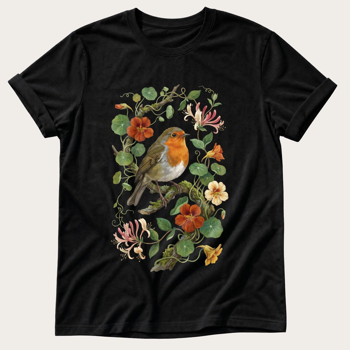 Robin & Nasturtiums — Black Comfort Colors tee