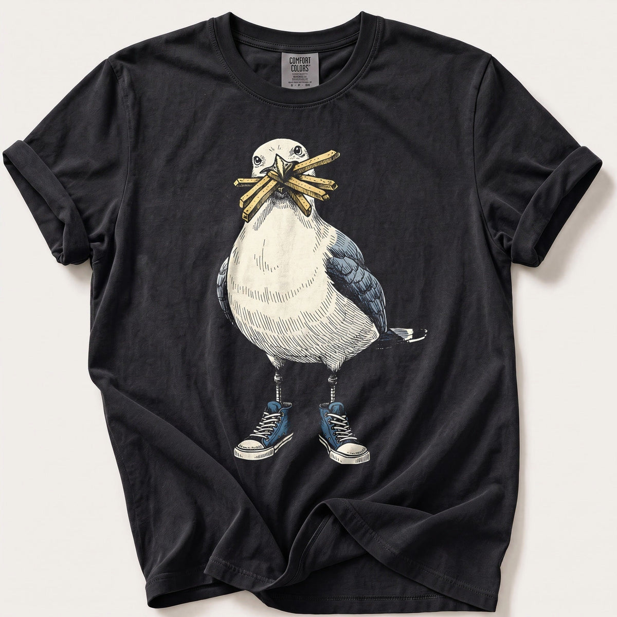 Seagull With Chips — Black Comfort Colors tee