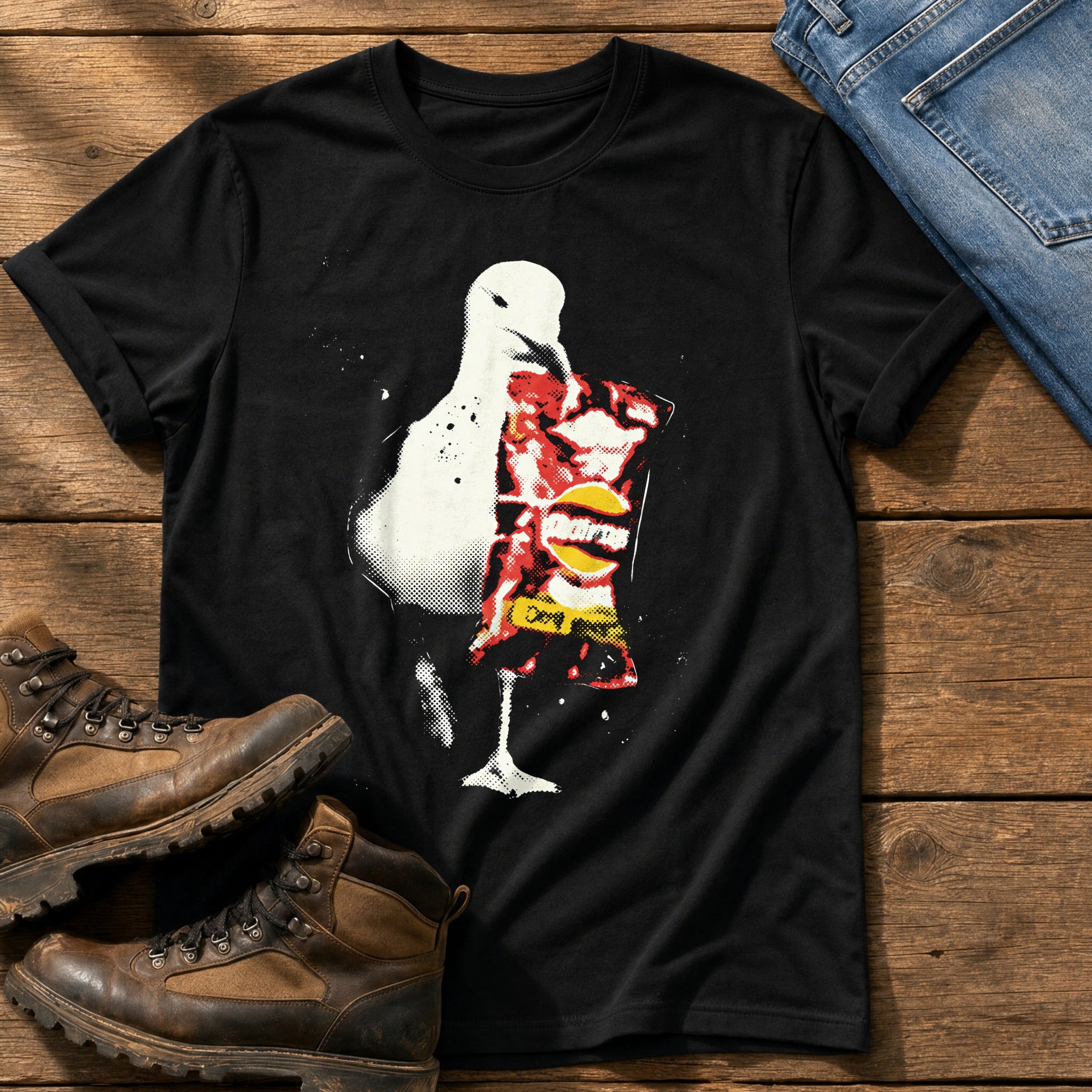 Seagull With Crisps 12 — Black Comfort Colors tee