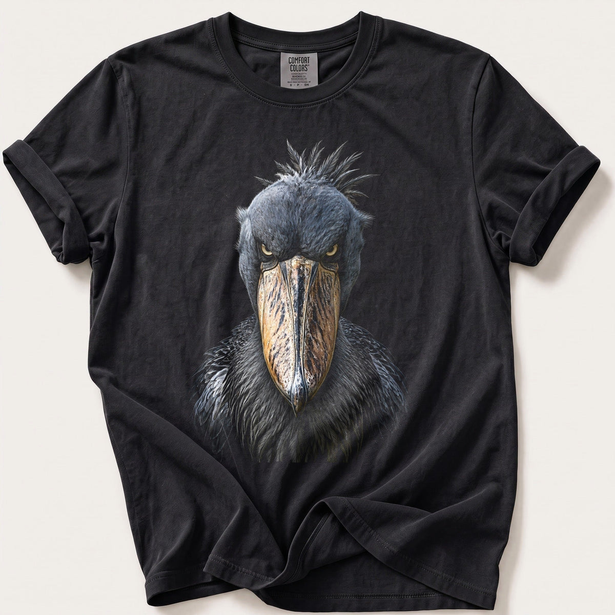 Shoebill Stare — Black Comfort Colors tee