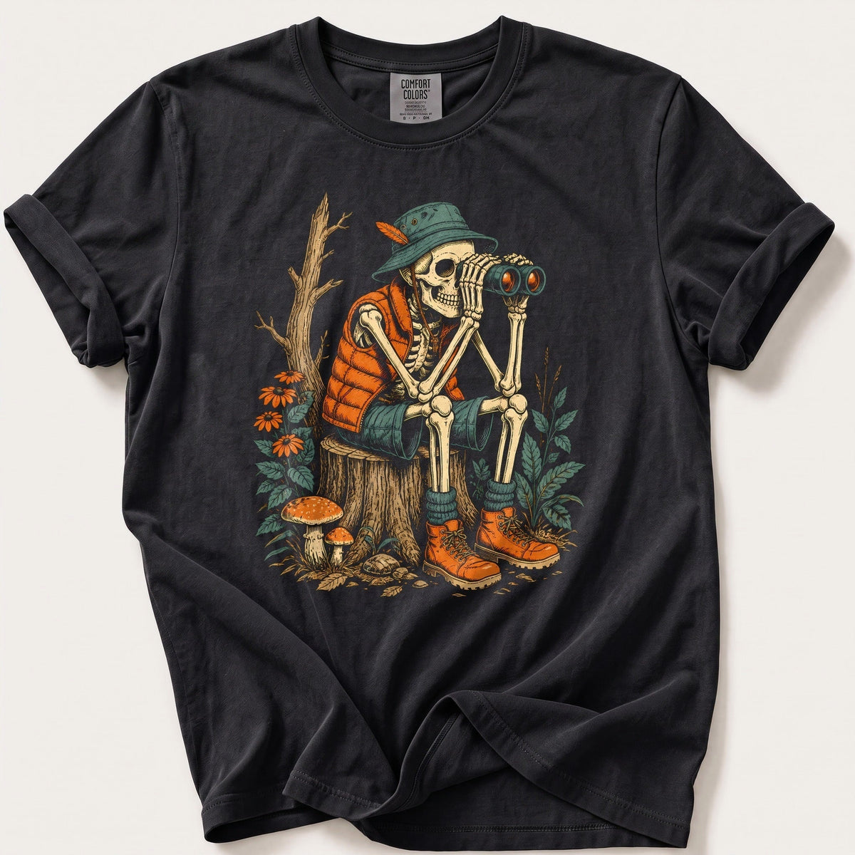 Skeleton Birdwatcher — Black Comfort Colors tee