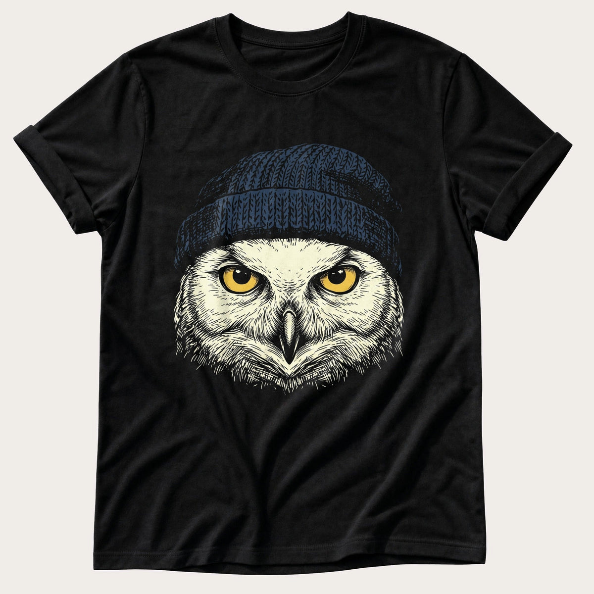 Snow Owl Beanie 44 — Black Comfort Colors tee