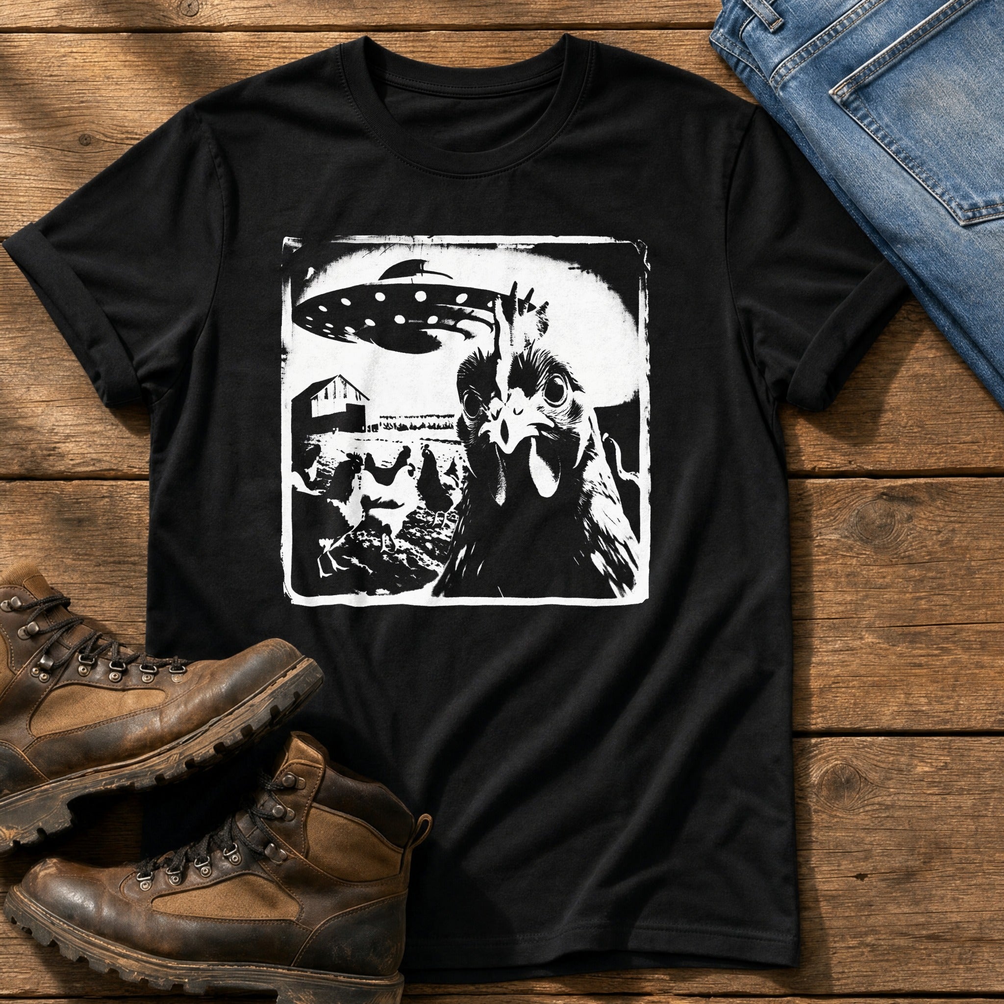 Spaceship Chicken 98 — Black Comfort Colors tee