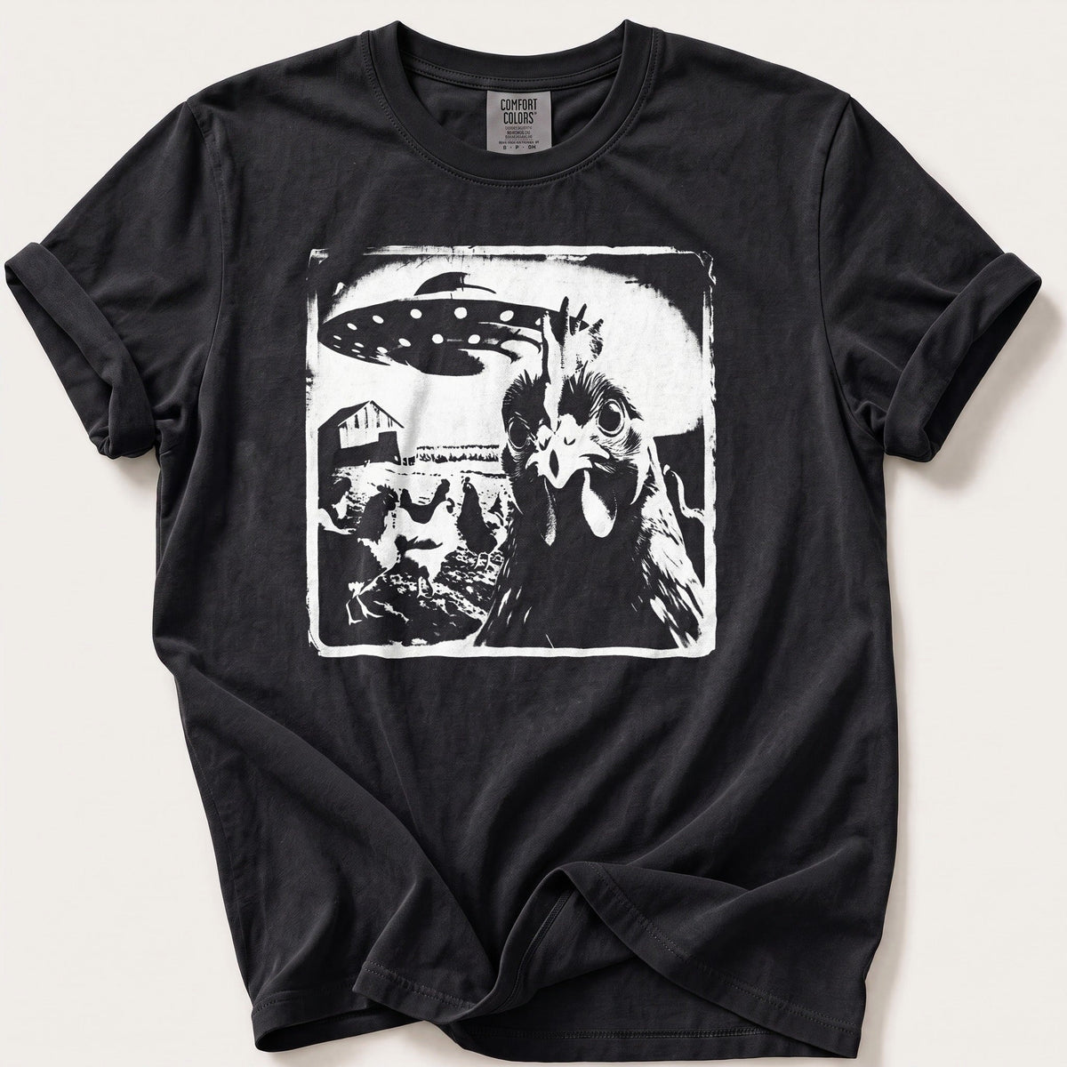 Spaceship Chicken 98 — Black Comfort Colors tee