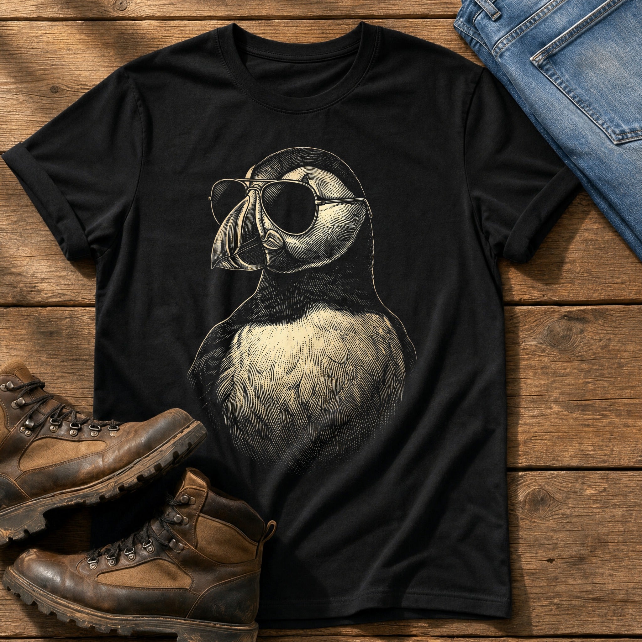 Sunglass Puffin 5 — Black Comfort Colors tee