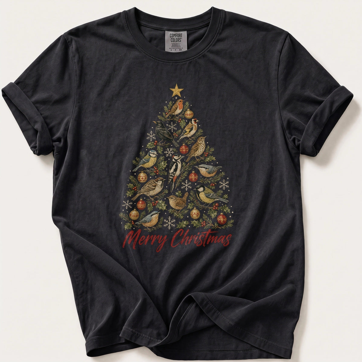 Vintage Bird Christmas Tree — Black Comfort Colors tee