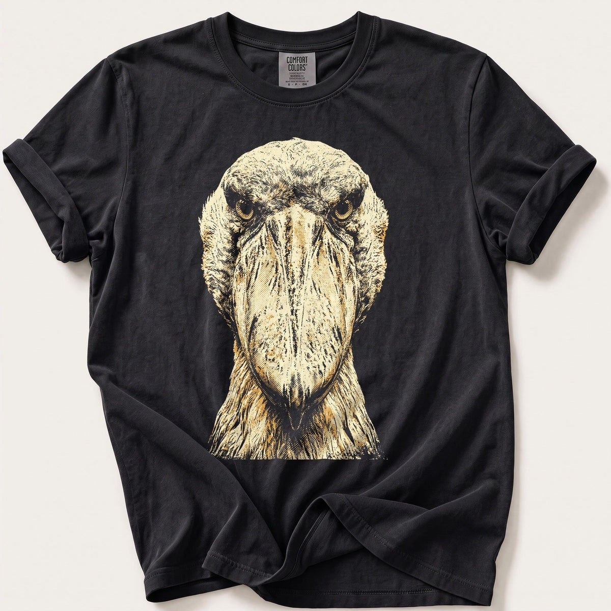 Washed Out Shoebill 4 — Black Comfort Colors tee