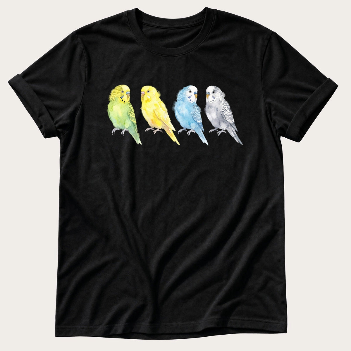 Watercolour Budgies — Black Comfort Colors tee