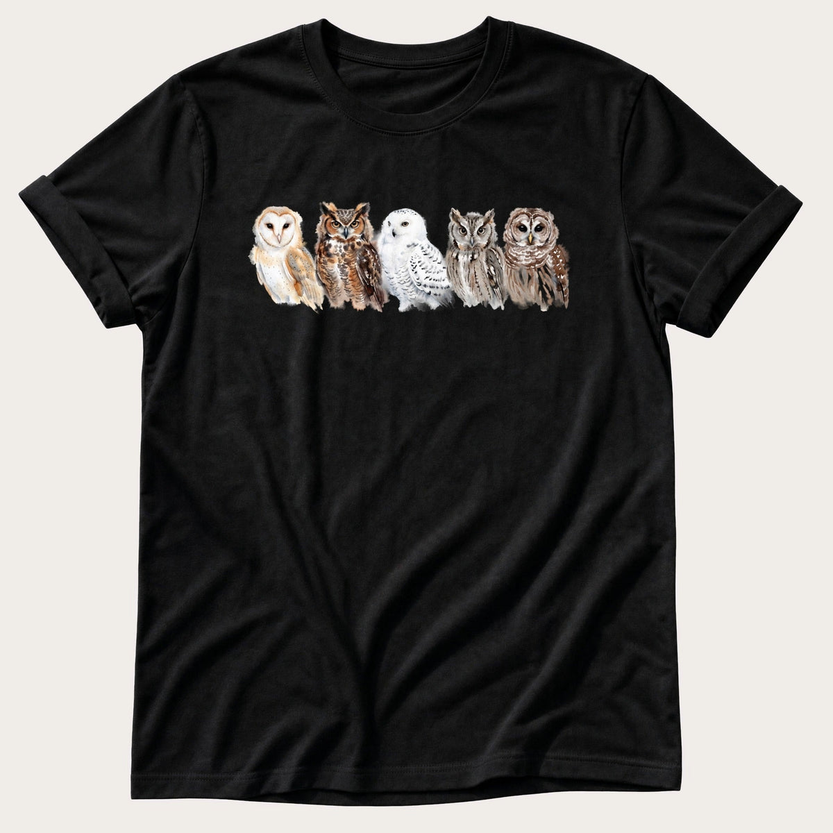 Watercolour Owls — Black Comfort Colors tee