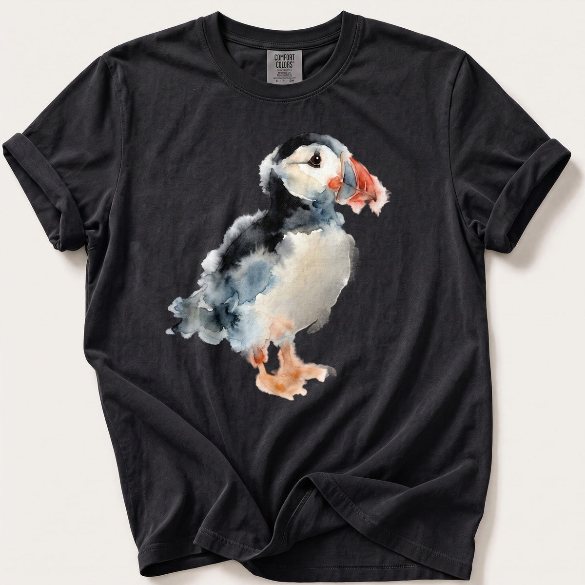 Watercolour Puffin — Black Comfort Colors tee