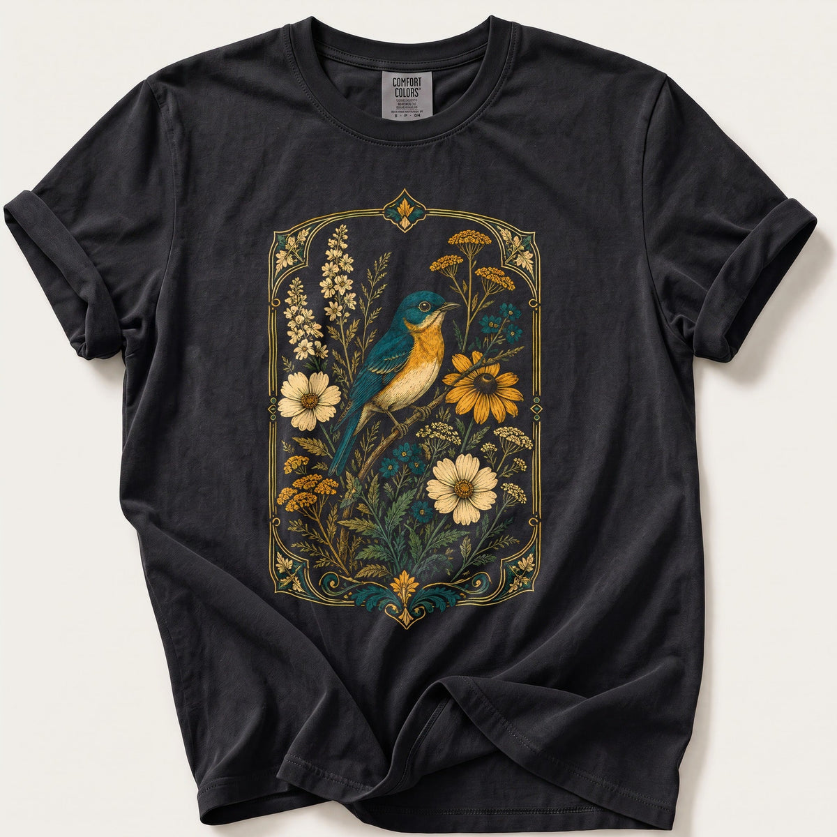 Wildflower Songbird — Black Comfort Colors tee