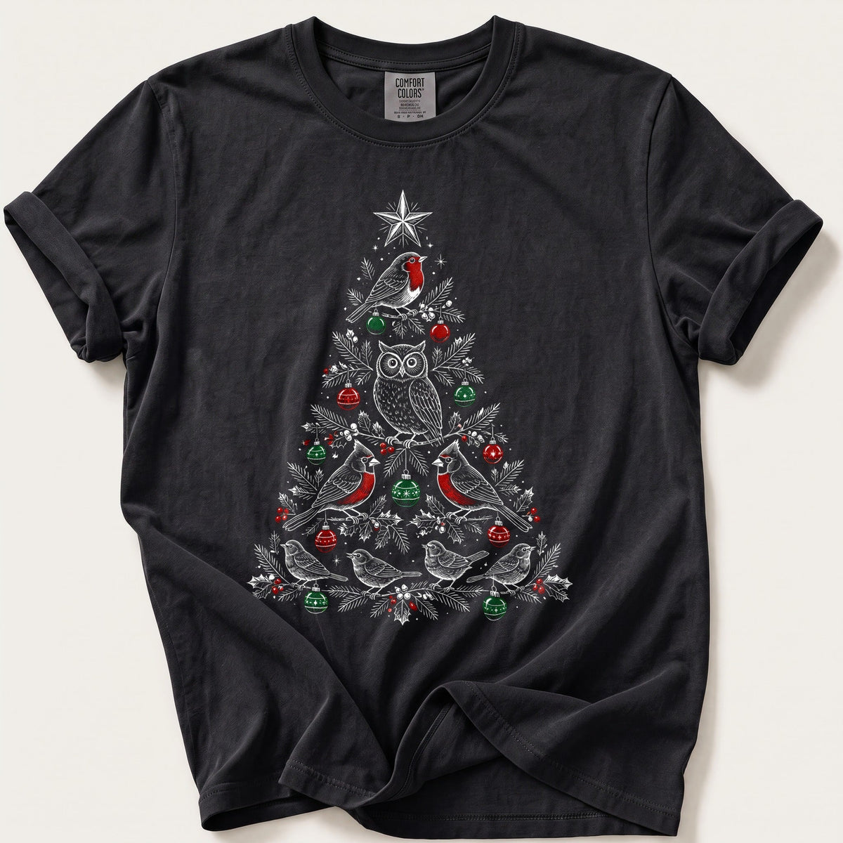 Winter White Bird Tree — Black Comfort Colors tee