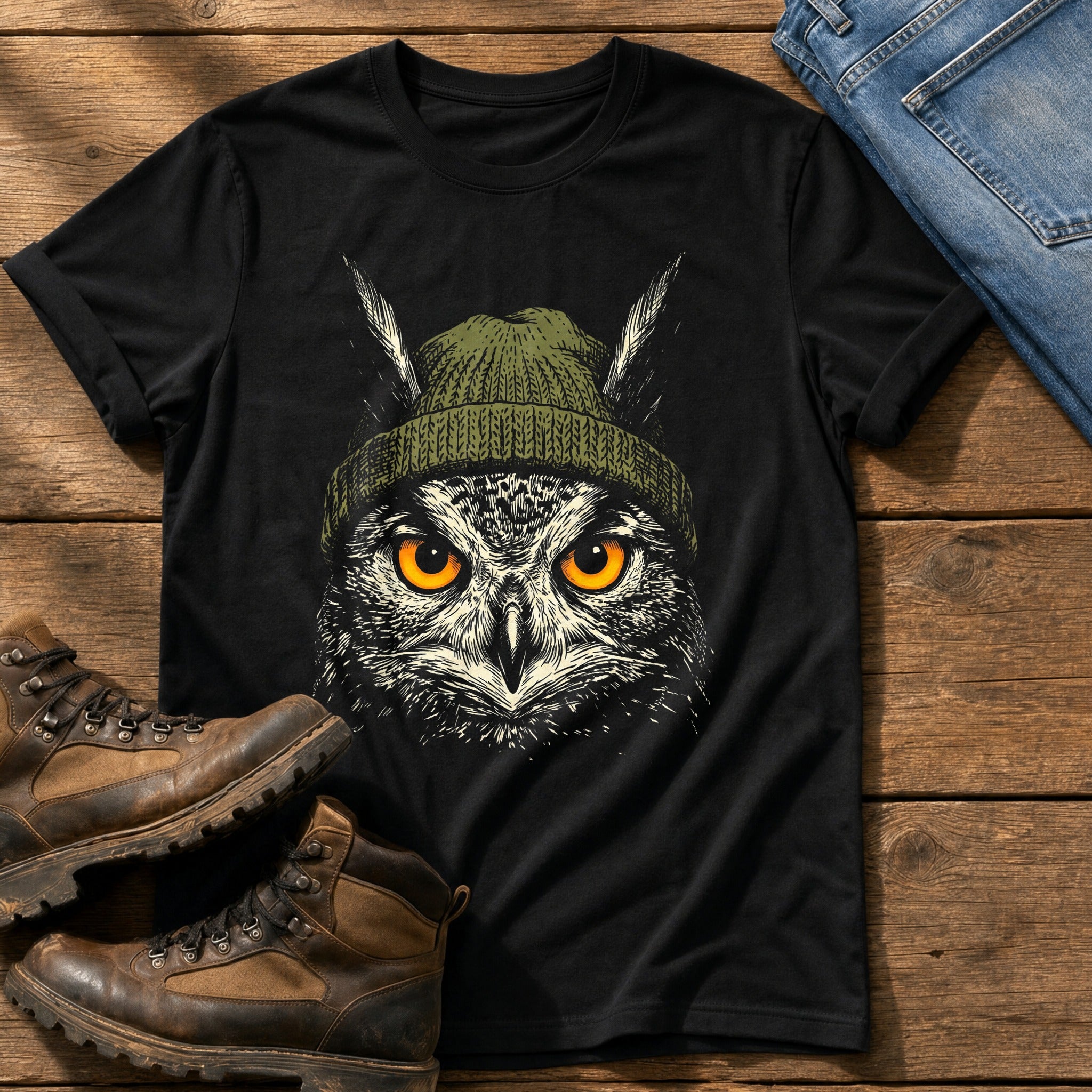 Woodland Owl Beanie 7 — Black Comfort Colors tee