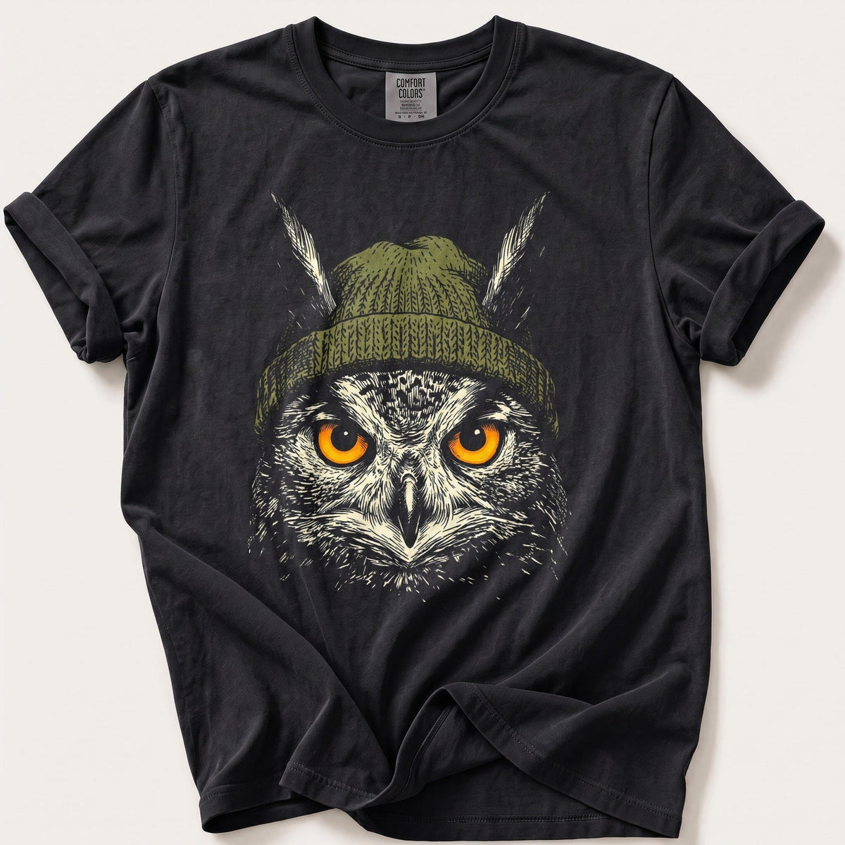 Woodland Owl Beanie 7 — Black Comfort Colors tee
