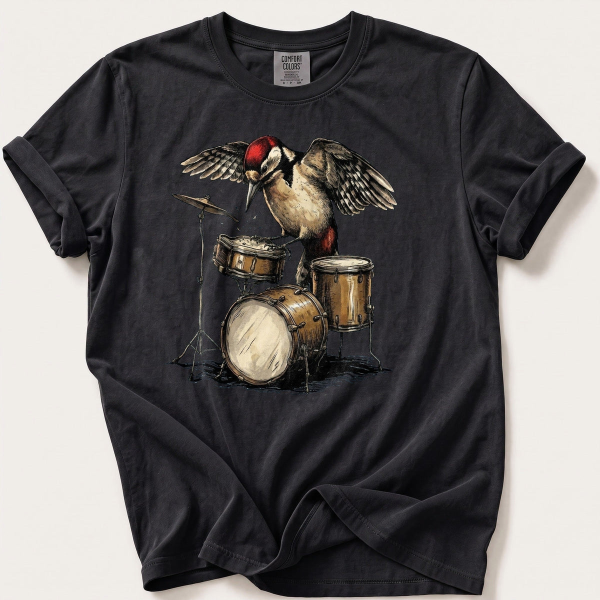 Woodpecker Drum Kit — Black Comfort Colors tee