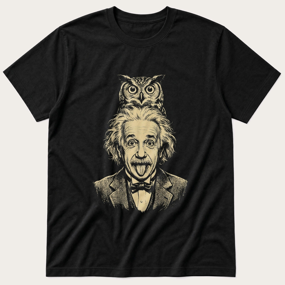 Albert Einstein Owl 5 — Black T-Shirt