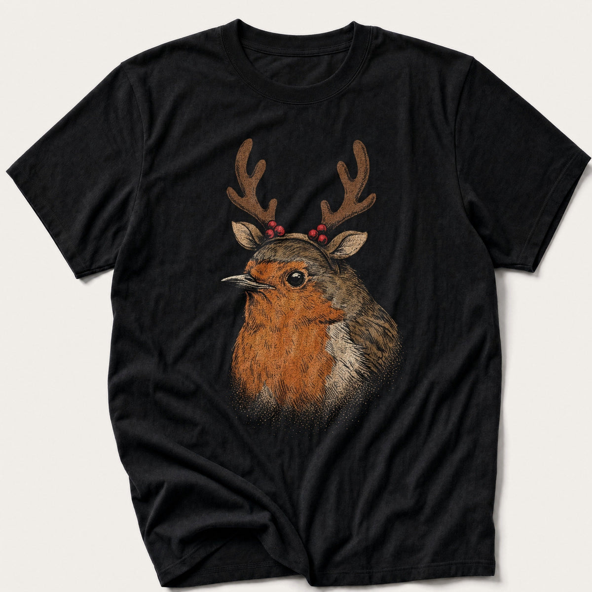 Antler Robin Portrait — Black T-Shirt