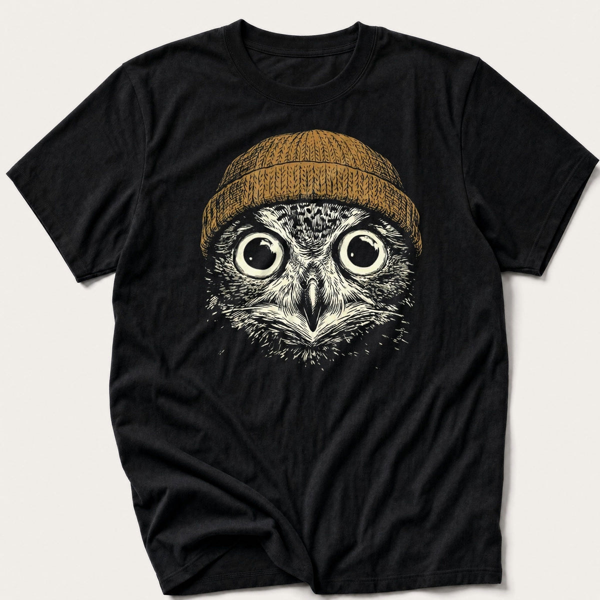 Beanie Owl 6 — Black T-Shirt