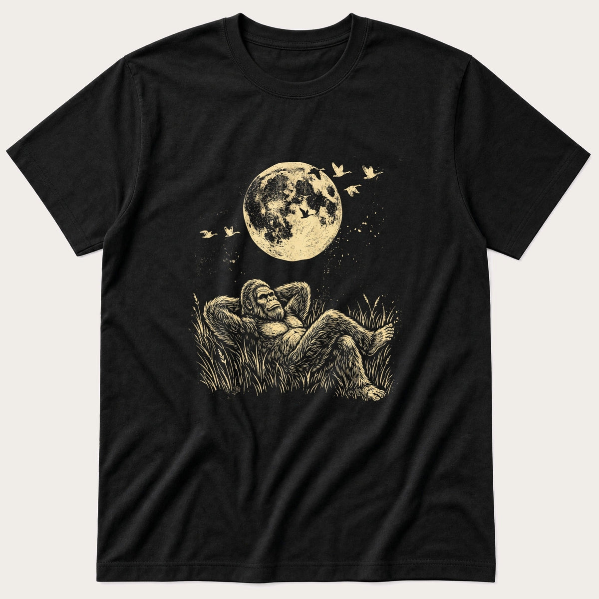 Bigfoot Under Moon — Black T-Shirt