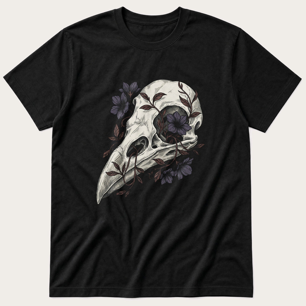 Bird Skull with Florals — Black T-Shirt